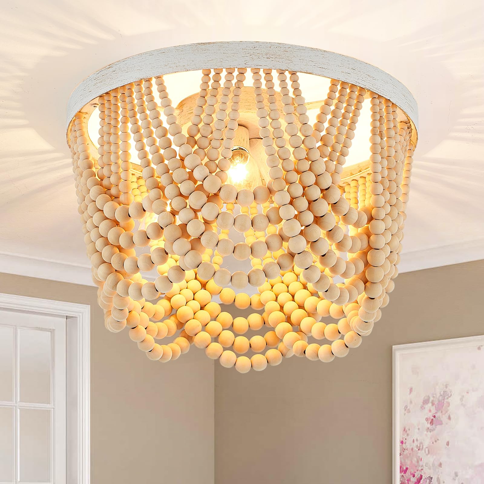 VILUXY Bohemia Wood Beaded Pendant Lights Antique Rustic Mini Chandelier White Finishing for Bedroom, Nursery Room, Girl Room, Hallway, Entryway, Passway, Dining Room, 3-Light