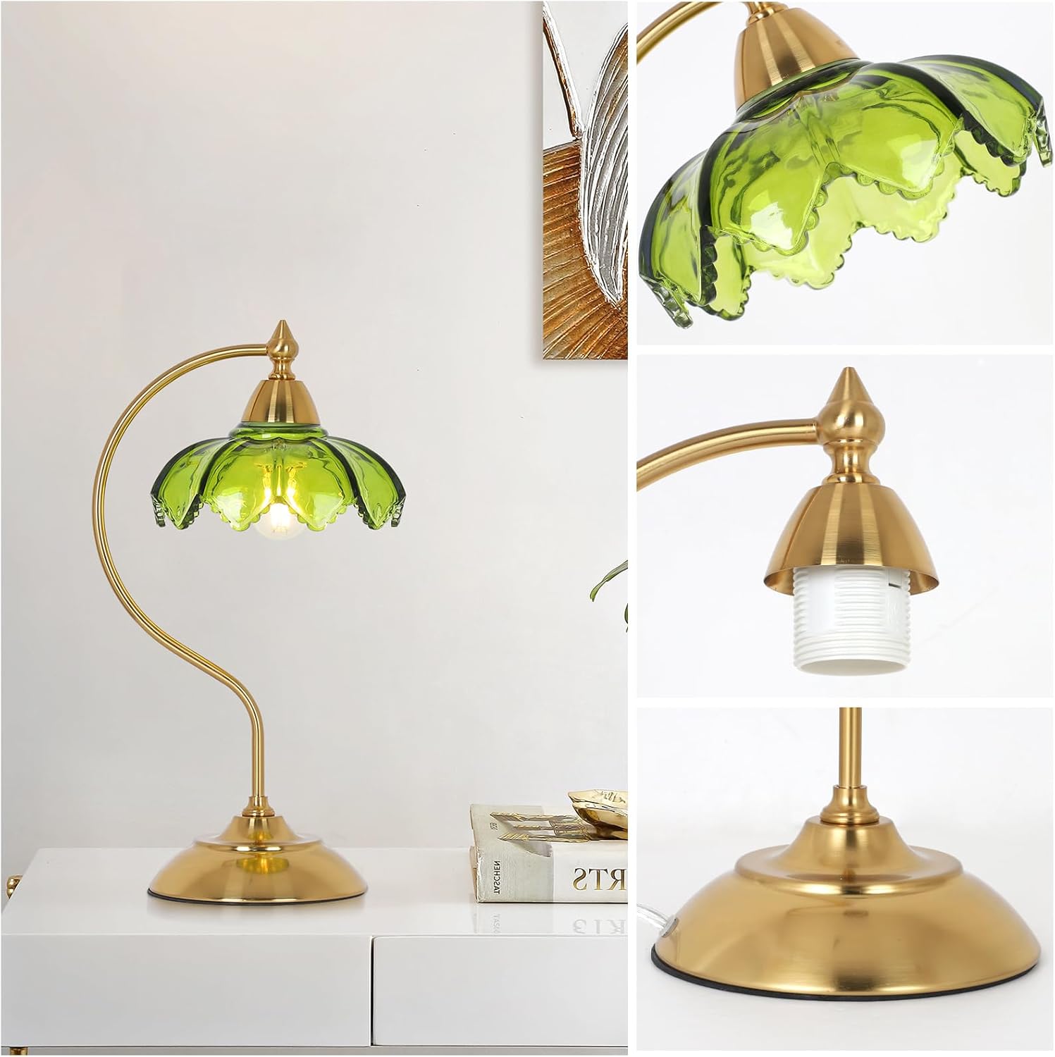 Glass Beside Table Lamp for Bedroom, Plug In Gold Desk Lamp, Vintage Flower Nightstand Lamp, Table Lamps for Living Room, Small Desk Lamps for Home Office, Green Table Light, Flower Lamp Decoration