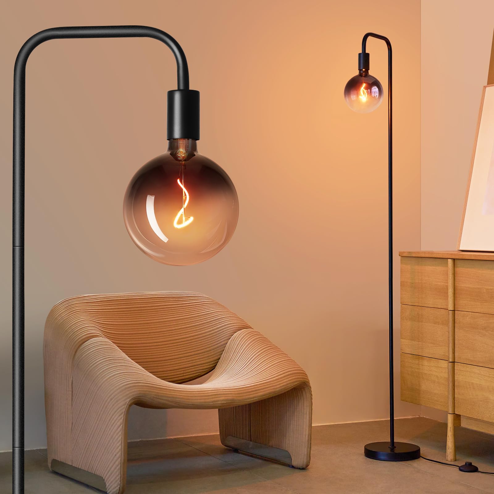ONEWISH Floor Lamp for Living Room - Minimalist Industrial Standing Lamp with Modern LED Bulb, Globe Black Clear Glass 6", 1800K Warm Ambiant Lighting Decorative Tall Floor Lamp for Bedroom Office