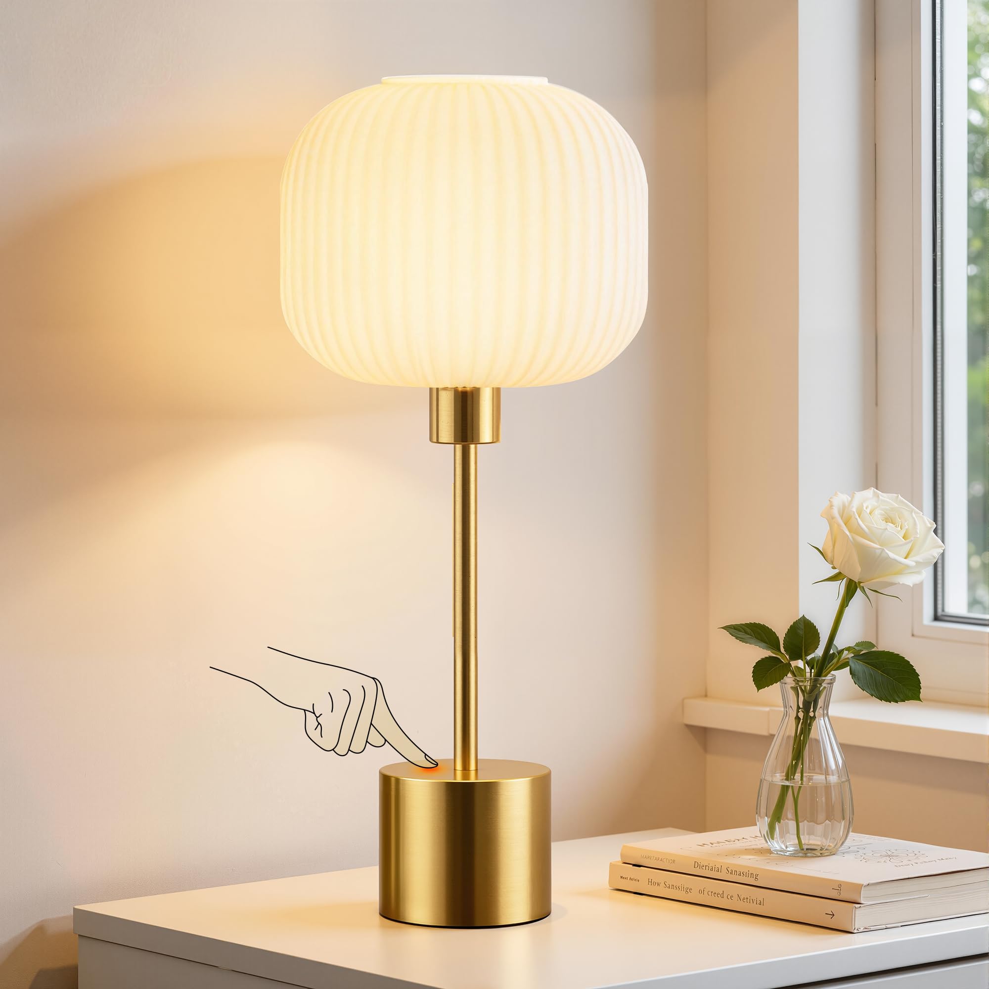QiMH Glass Table Lamp for Living Room, Modern Bedside Lamp with Green Ribbed Glass Shade, 3-Way Dimmable Touch Control Nightstand Lamp for Bedroom, Brushed Gold (2700K LED Bulb Included)