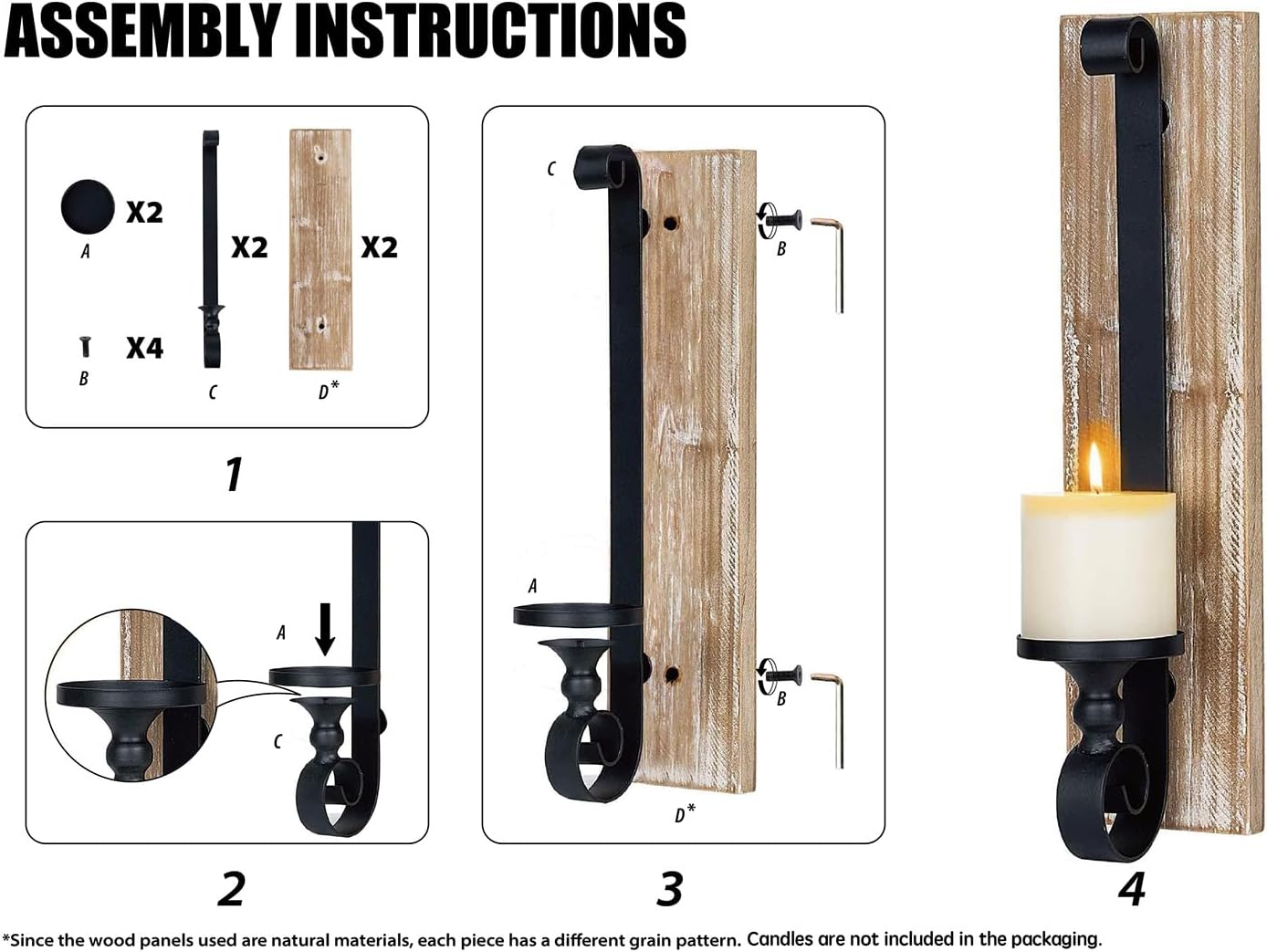 Wall Sconce Candle Holder (Set of 2) Black Wall-Mount Metal and Wooden Candle Holders for Living Room, Bathroom, Dining Room