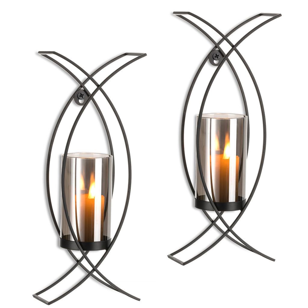 Candle Sconces Decorative Wall Art Set of 2 Black - Hurricane Candle Wall Sconce Decor Iron Two Candle Holders Modern Candle Sconces for Indoor Fireplace Kitchen Dining Room