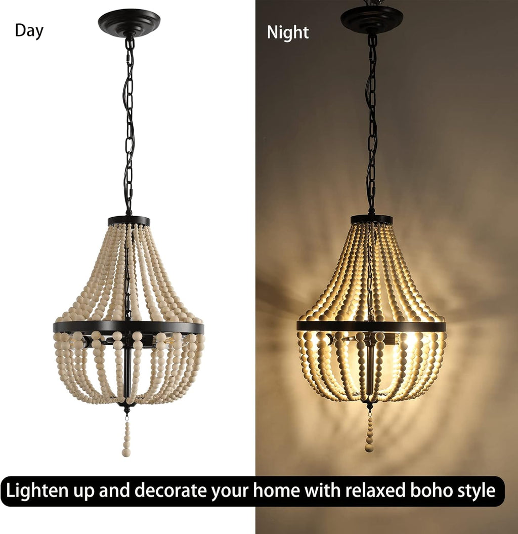 Mini Bohemian Wood Beaded Chandelier 3-Light Pendant Boho Light Fixture,Black Metal Finish Natural Color Wooden Beads, for Bathroom,Living Room,Entryway and Bedroom…