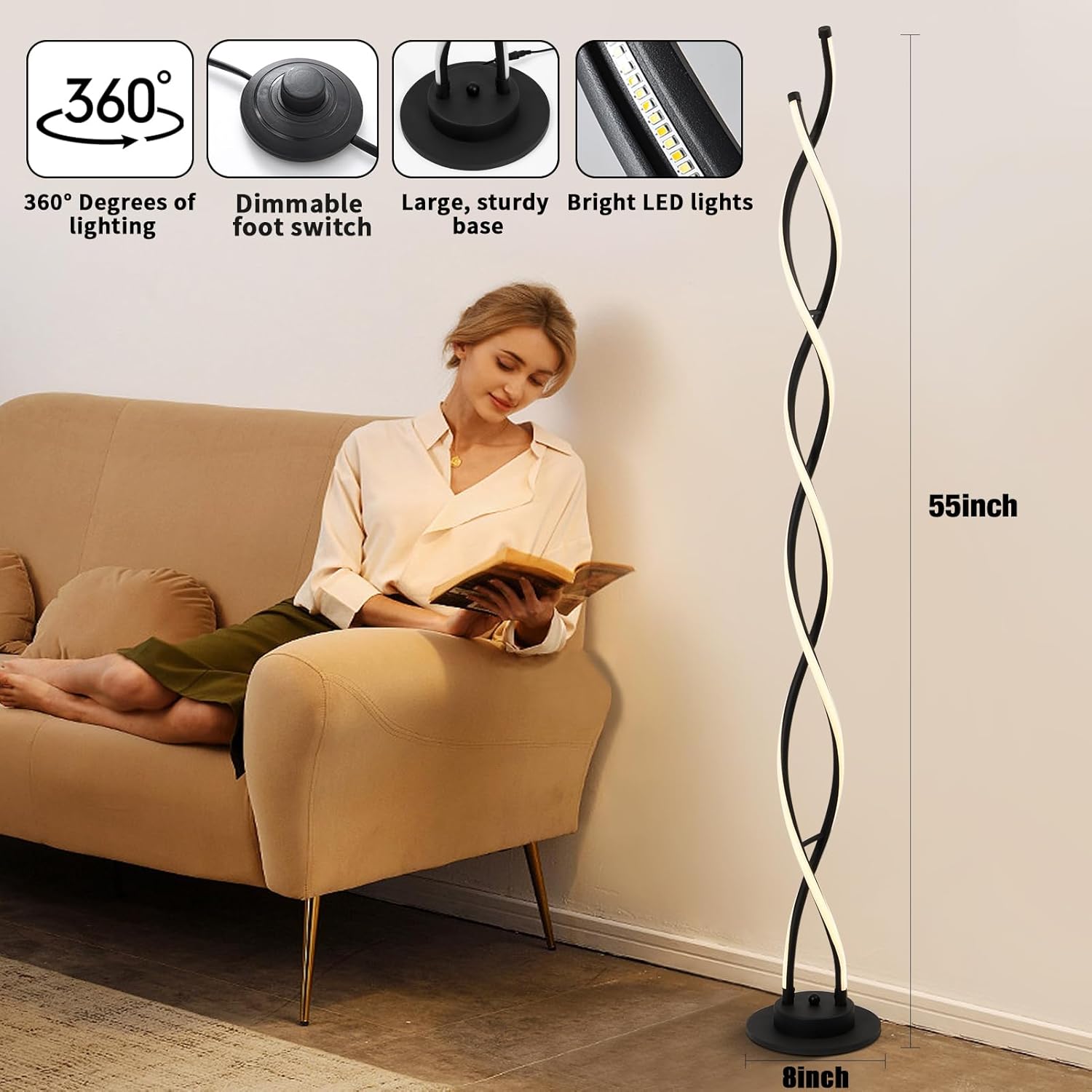 Floor Lamp, LED Modern Floor Lamps for Living Room, 2500LM-40W Lamps for Living Room 3Color Remote Dimmable Standing Lamp, 55" Floor Lamps for Living Room Bedroom Office