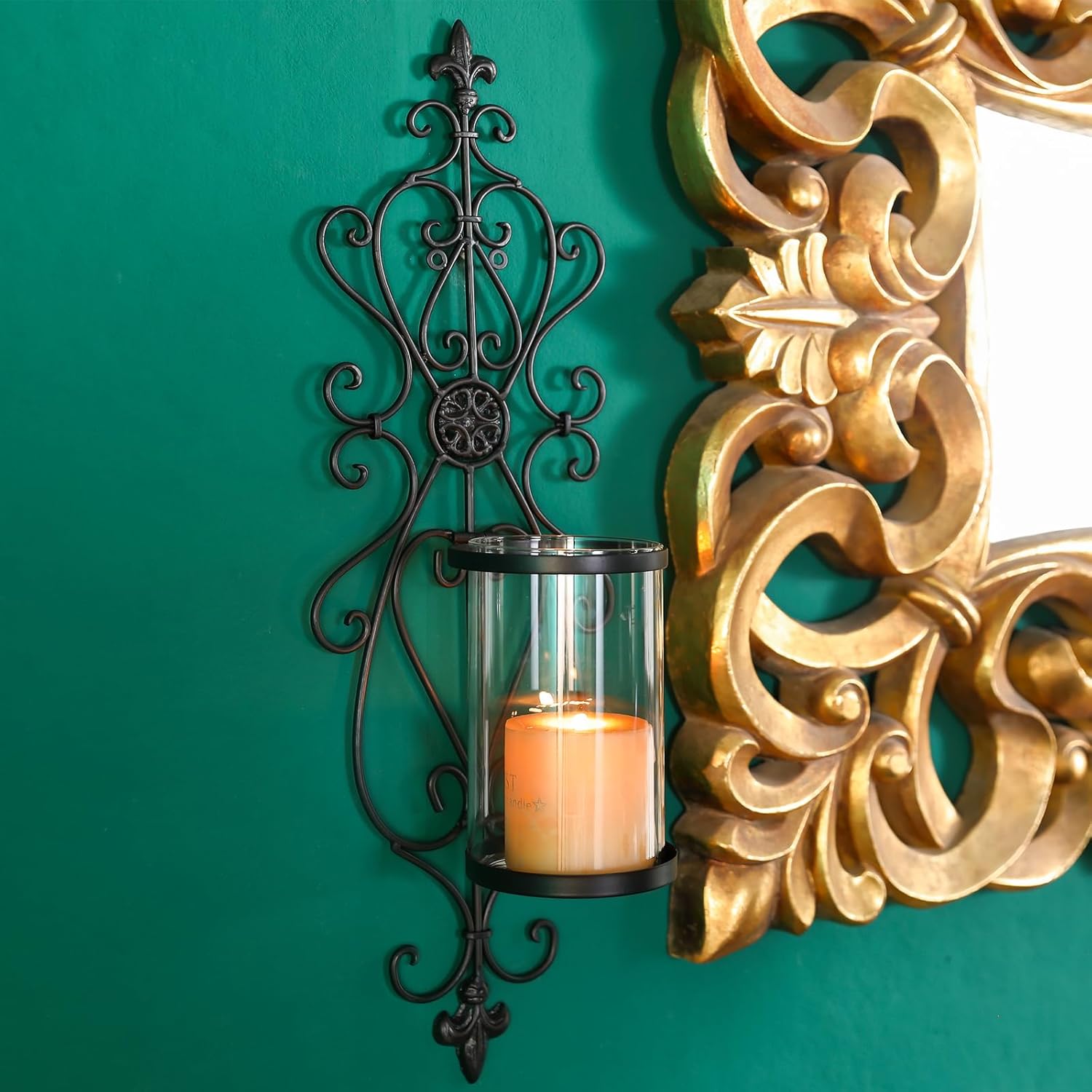24" Hurricane Wall Sconces Set of Two- Antique Iron & Glass Candle Holders, Wall Sconces Set of Two Candle Holder