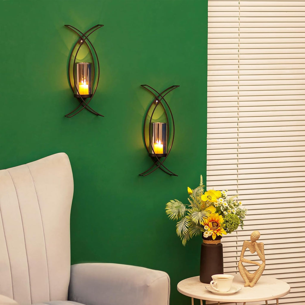 Candle Sconces Decorative Wall Art Set of 2 Black - Hurricane Candle Wall Sconce Decor Iron Two Candle Holders Modern Candle Sconces for Indoor Fireplace Kitchen Dining Room