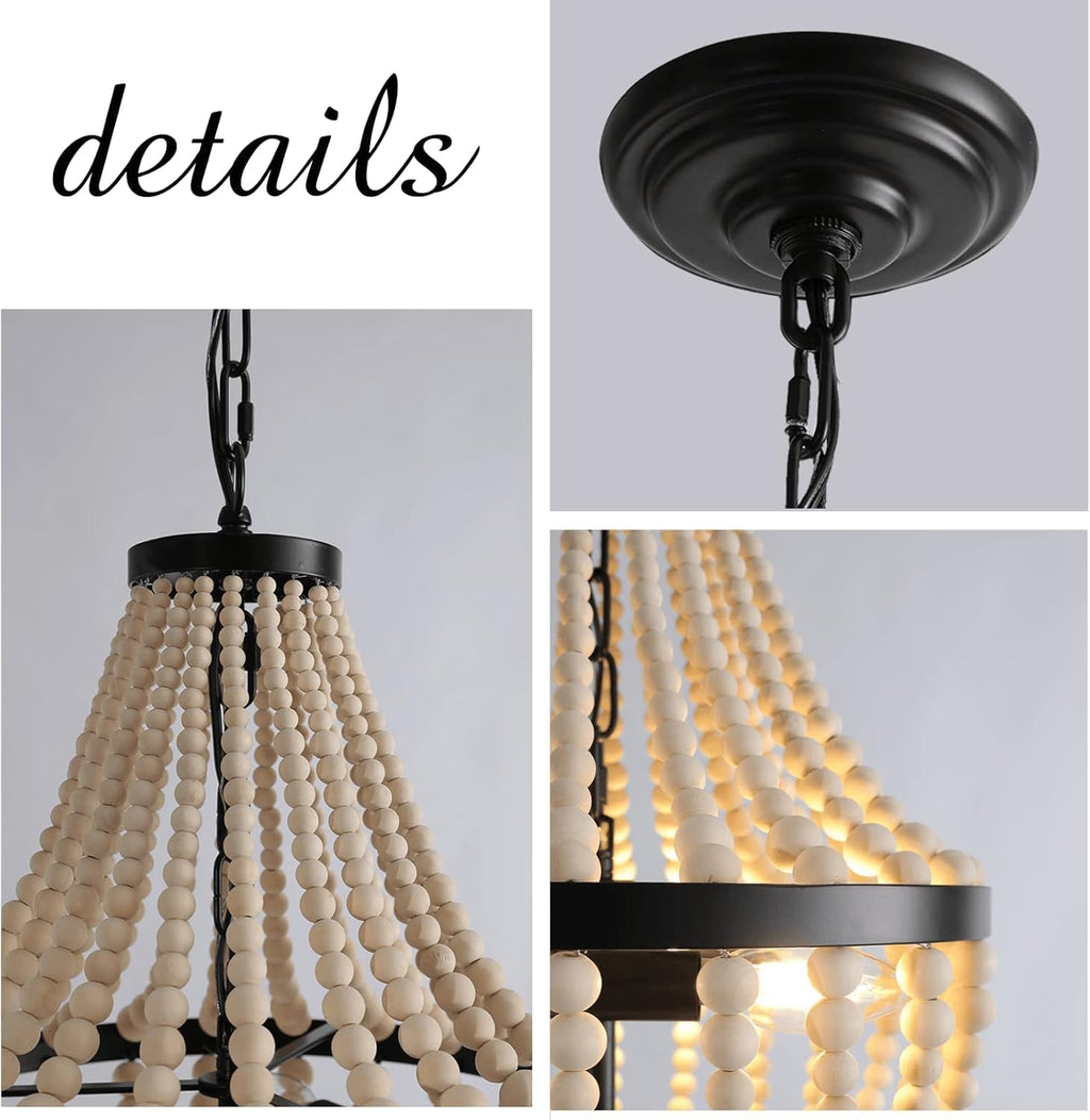 Mini Bohemian Wood Beaded Chandelier 3-Light Pendant Boho Light Fixture,Black Metal Finish Natural Color Wooden Beads, for Bathroom,Living Room,Entryway and Bedroom…