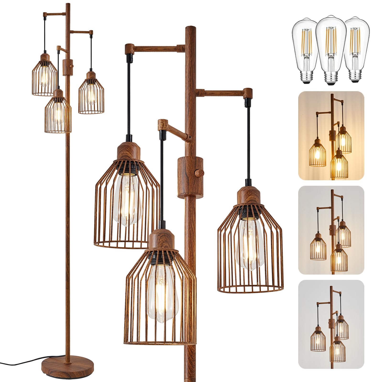 Dimmable Floor Lamp for Living Room, Farmhouse Floor Lamps with Elegant Hanging Cage, 3 x LED Edison Bulbs Included, 68.5" Industrial Standing Light for Bedroom Office Home Decor (Wood)