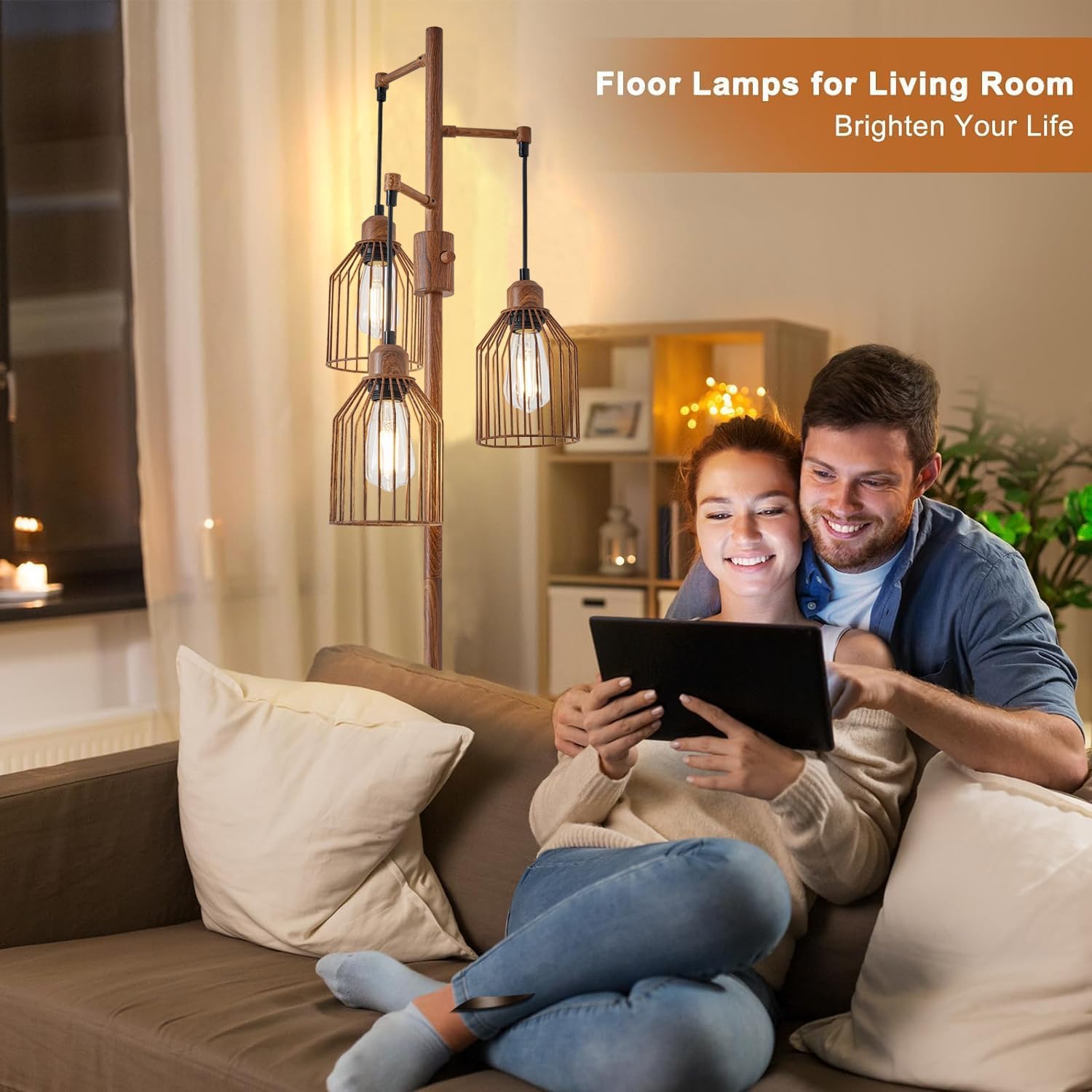 Dimmable Floor Lamp for Living Room, Farmhouse Floor Lamps with Elegant Hanging Cage, 3 x LED Edison Bulbs Included, 68.5" Industrial Standing Light for Bedroom Office Home Decor (Wood)