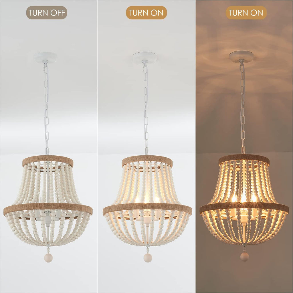 3-Light Boho Chandelier Farmhouse, Wood Bead Pendant Light, Antique Rustic Hanging Light Fixture for Kitchen Island Hallway Entryway Bedroom Nursery Dining Room Foyer