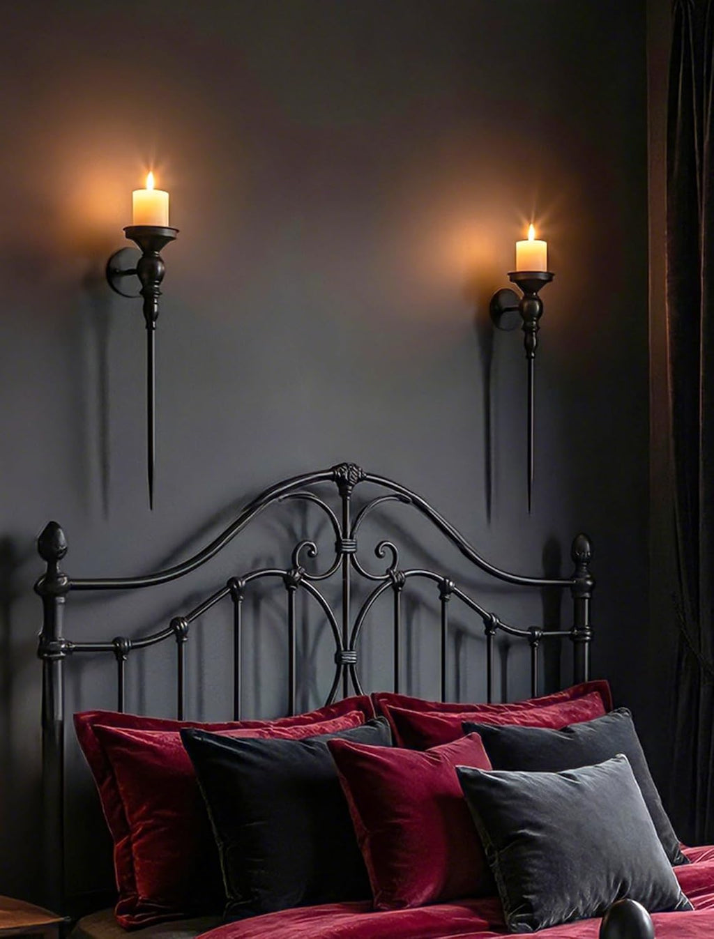 Gothic Wall Candle Holder Decor - 24.4 Inch Long Candle Sconces Set of 2 for Porch Hallway Entryway Beside TV Fireplace - Metal Black Wall Art for Bedroom Living Room