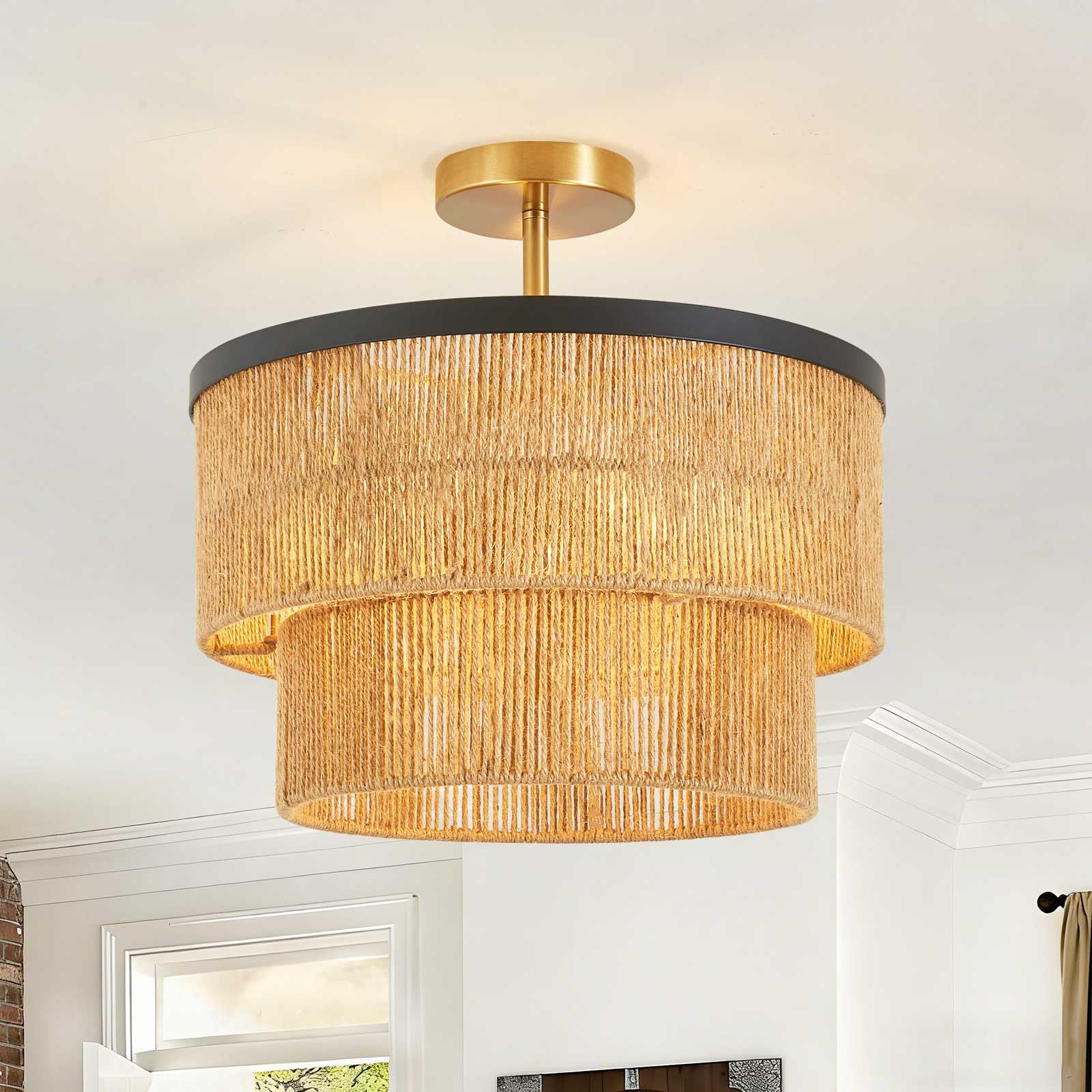 16'' Semi Flush Mount Ceiling Light,Boho Rattan Handmade Light Fixtures,3-Light Coastal Hemp Rope Ceiling Light with wooden beads,Farmhouse Rustic Ceiling Lights for Kitchen,Dining Room,Bedroom
