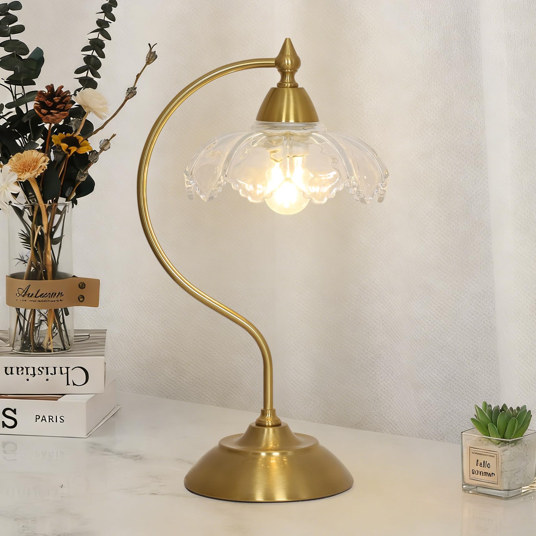Glass Beside Table Lamp for Bedroom, Plug In Gold Desk Lamp, Vintage Flower Nightstand Lamp, Table Lamps for Living Room, Small Desk Lamps for Home Office, Green Table Light, Flower Lamp Decoration