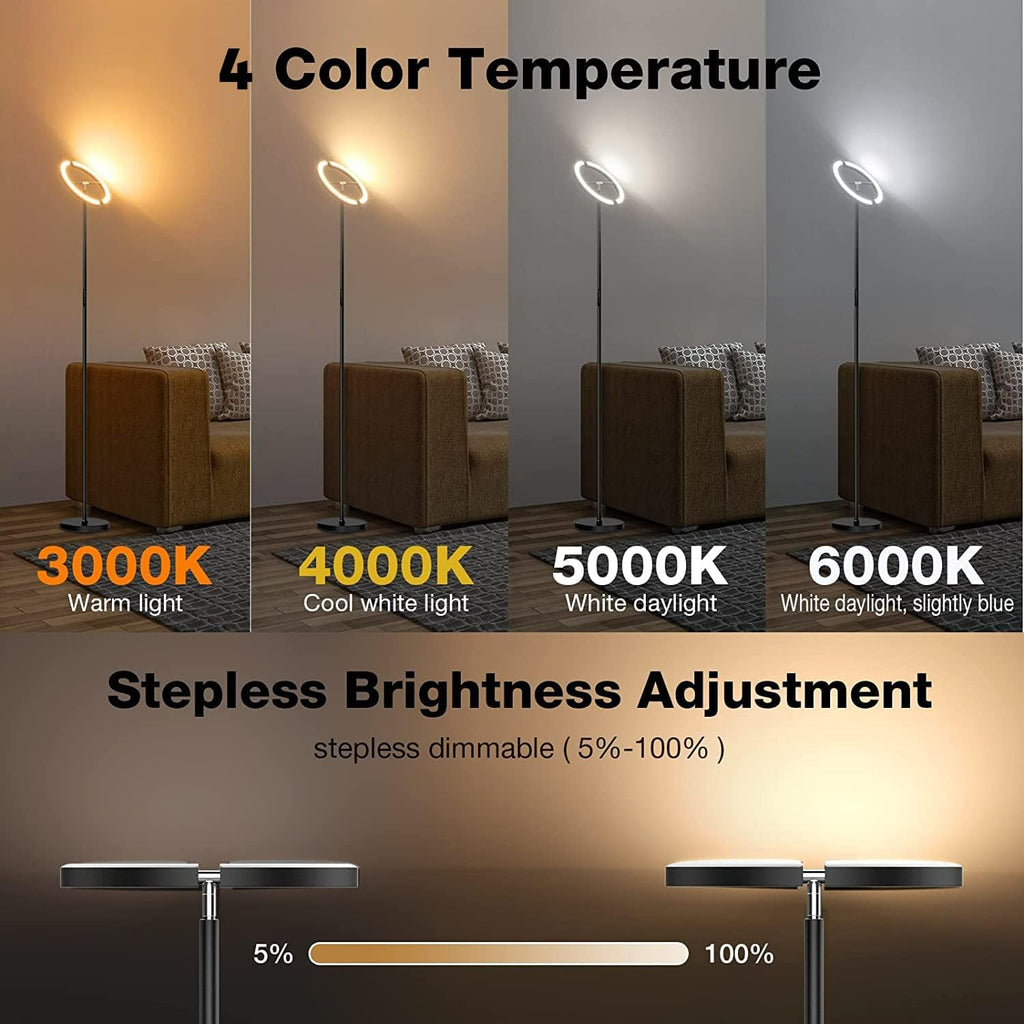 LED Floor Lamp - Rotatable Standing Lamp with Touch & Remote Control, 3000-6000K, 22W Modern Floor Reading Light, Dimmable Corner Uplighter for Living Room Bedroom Office, Black