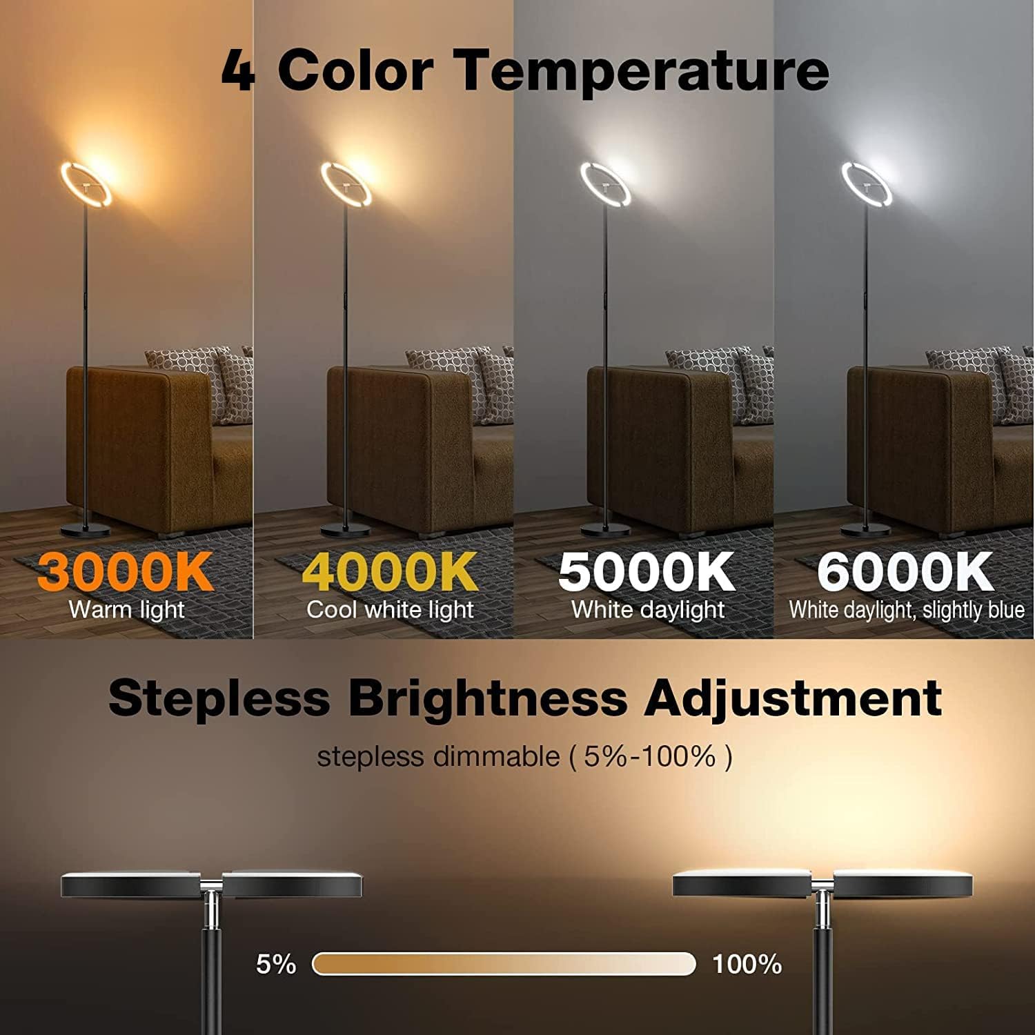 LED Floor Lamp - Rotatable Standing Lamp with Touch & Remote Control, 3000-6000K, 22W Modern Floor Reading Light, Dimmable Corner Uplighter for Living Room Bedroom Office, Black