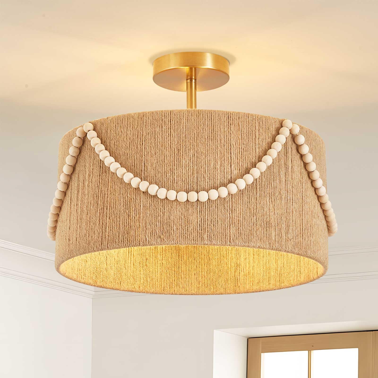 16'' Semi Flush Mount Ceiling Light,Boho Rattan Handmade Light Fixtures,3-Light Coastal Hemp Rope Ceiling Light with wooden beads,Farmhouse Rustic Ceiling Lights for Kitchen,Dining Room,Bedroom