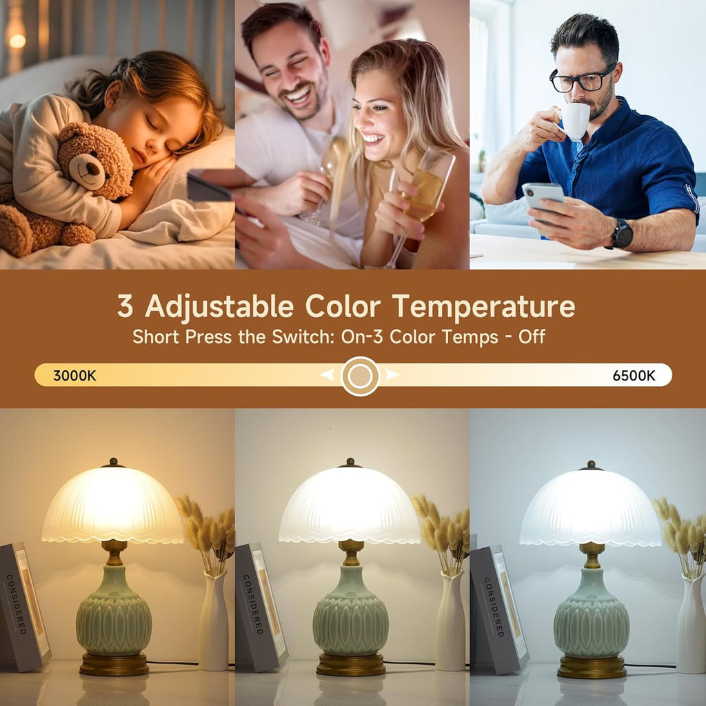 Table Lamps Ceramic Retro Lamp for Living Room,15.7" Modern Bedside Nightstand Traditional Lamps, Classic Chinoiserie Green Glass Lamp for Home (Retro)