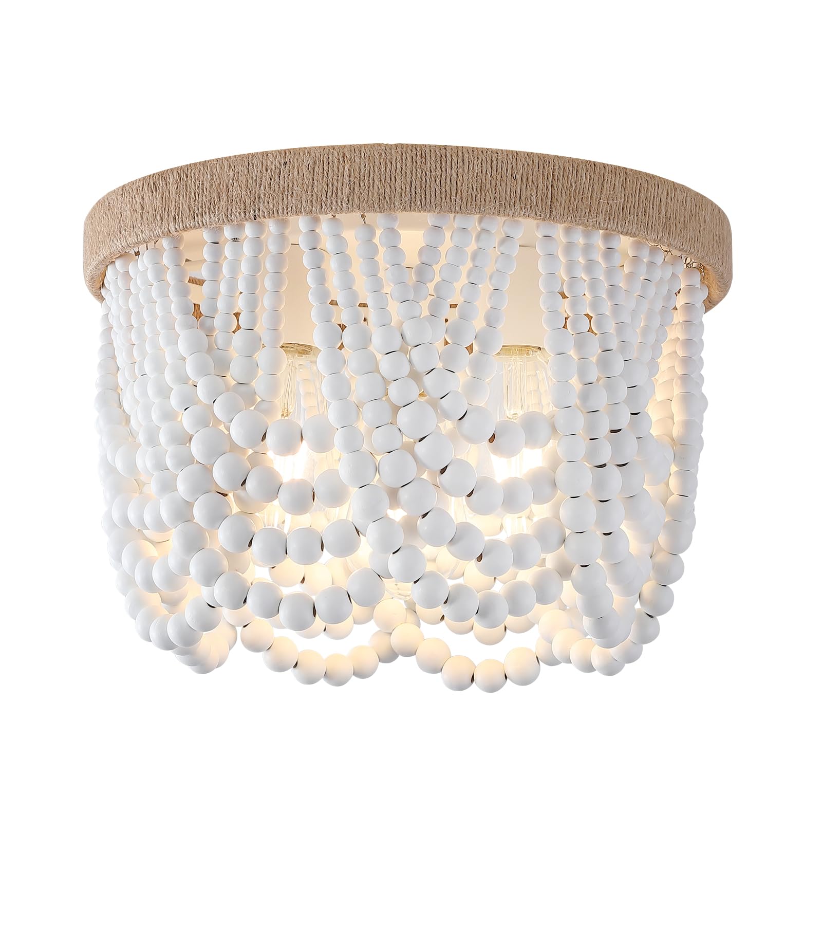 AMZASA Plug in Chandelier Boho Woven Hemp Rope Wooden Beaded Farmhosue Hanging Pendant Light Fixture with 14.8FT Cord On/Off Switch 3 Lights for Nursery Bedroom Living Room Dining Room UL Listed