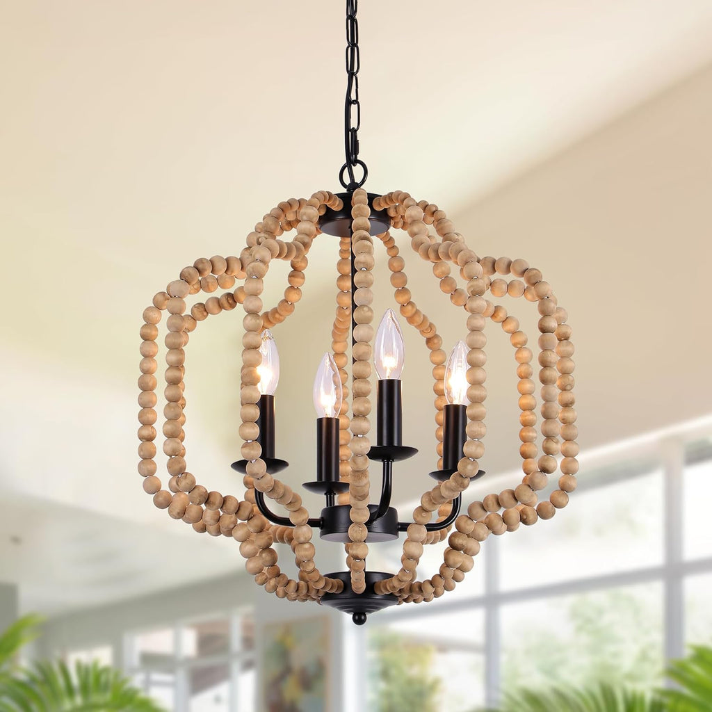 17.7" Boho Wood Beaded Chandelier, Farmhouse Rustic Pendant Light Fixture with Adjustable Chain, 4-Light Dimmable for Bedroom, Dining Room, Kitchen Island, Entryway, Living Room, Hallway, Bathroom