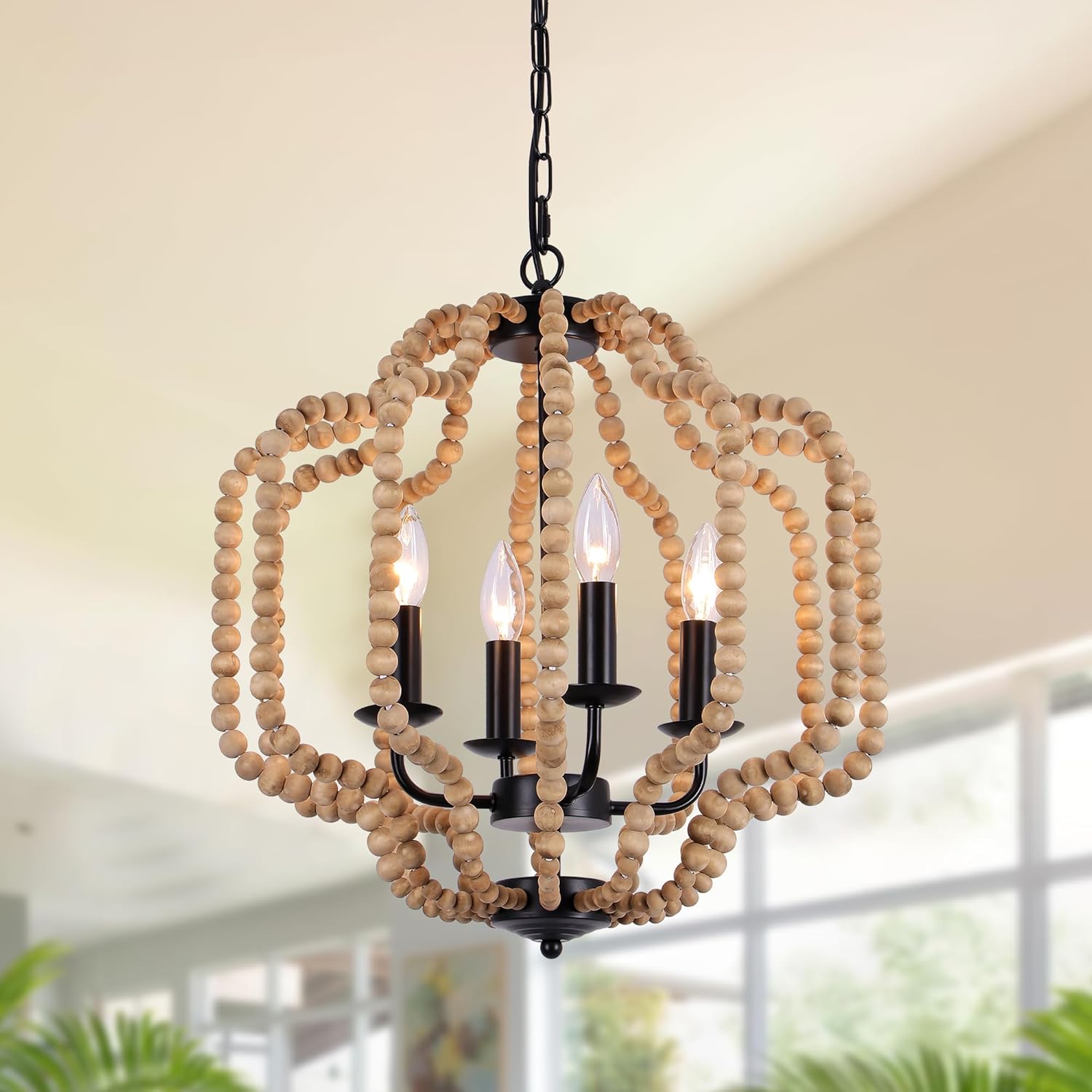 17.7" Boho Wood Beaded Chandelier, Farmhouse Rustic Pendant Light Fixture with Adjustable Chain, 4-Light Dimmable for Bedroom, Dining Room, Kitchen Island, Entryway, Living Room, Hallway, Bathroom