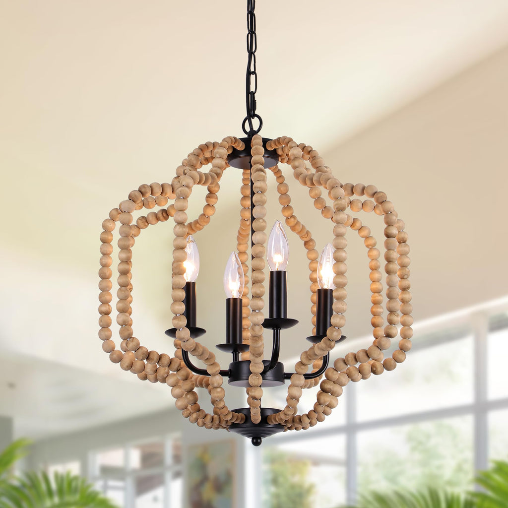 17.7" Boho Wood Beaded Chandelier, Farmhouse Rustic Pendant Light Fixture with Adjustable Chain, 4-Light Dimmable for Bedroom, Dining Room, Kitchen Island, Entryway, Living Room, Hallway, Bathroom