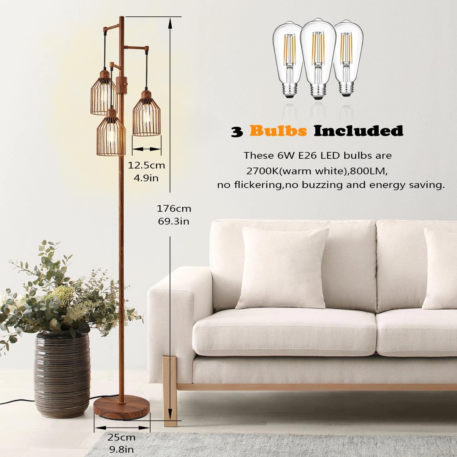 Dimmable Floor Lamp for Living Room, Farmhouse Floor Lamps with Elegant Hanging Cage, 3 x LED Edison Bulbs Included, 68.5" Industrial Standing Light for Bedroom Office Home Decor (Wood)