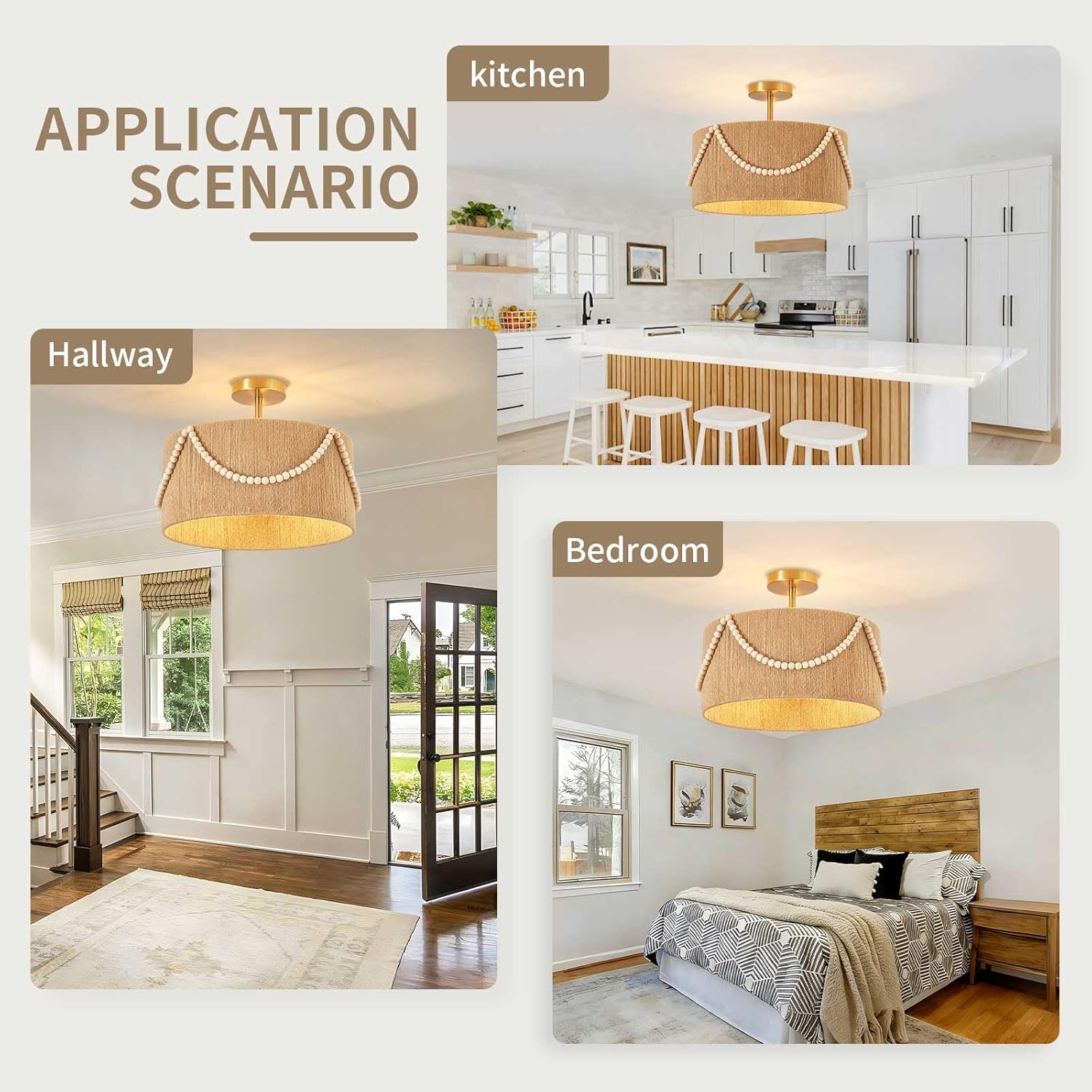 16'' Semi Flush Mount Ceiling Light,Boho Rattan Handmade Light Fixtures,3-Light Coastal Hemp Rope Ceiling Light with wooden beads,Farmhouse Rustic Ceiling Lights for Kitchen,Dining Room,Bedroom