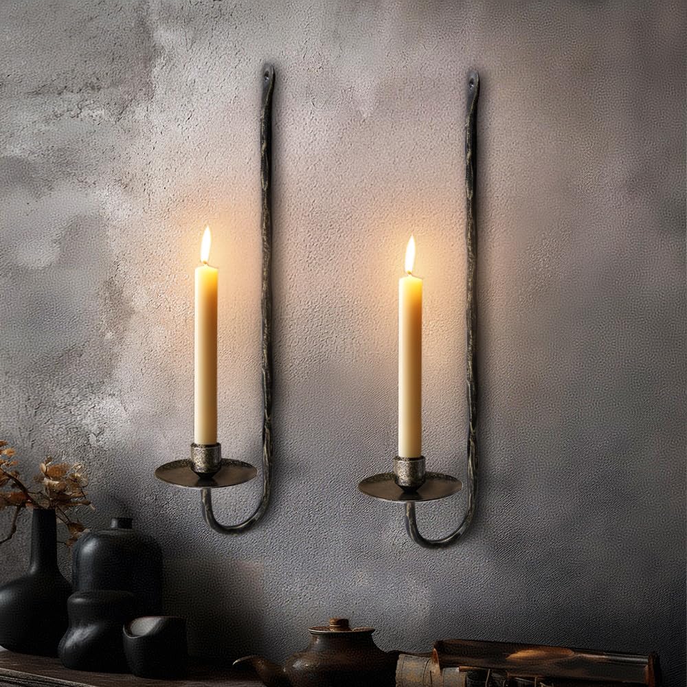 BeginS Hand-Forged Wall Candle Sconces Set of 2, Black Vintage Solid Steel Metal Wall Candle Holders, Rustic Home Decor for Living Room, Bedroom, Dining Room, Candle Accent