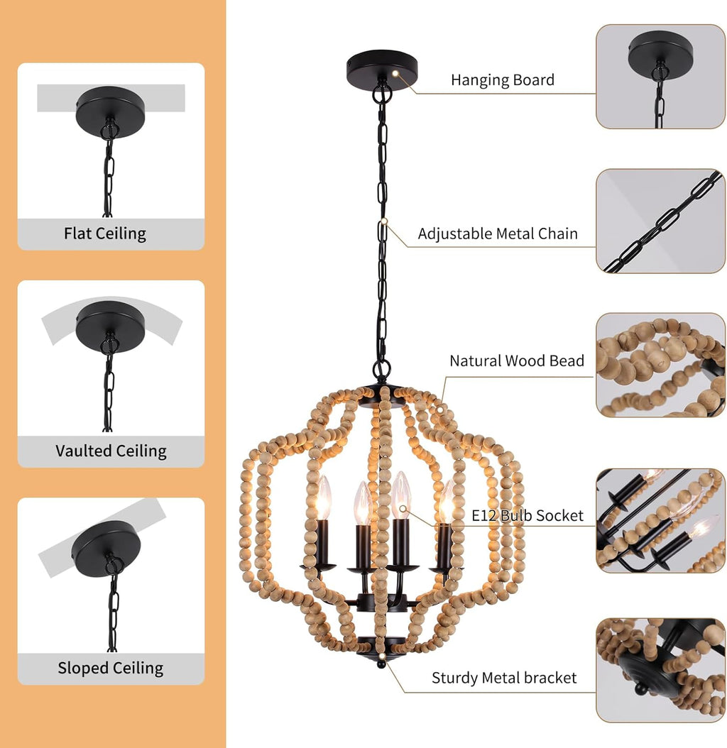17.7" Boho Wood Beaded Chandelier, Farmhouse Rustic Pendant Light Fixture with Adjustable Chain, 4-Light Dimmable for Bedroom, Dining Room, Kitchen Island, Entryway, Living Room, Hallway, Bathroom