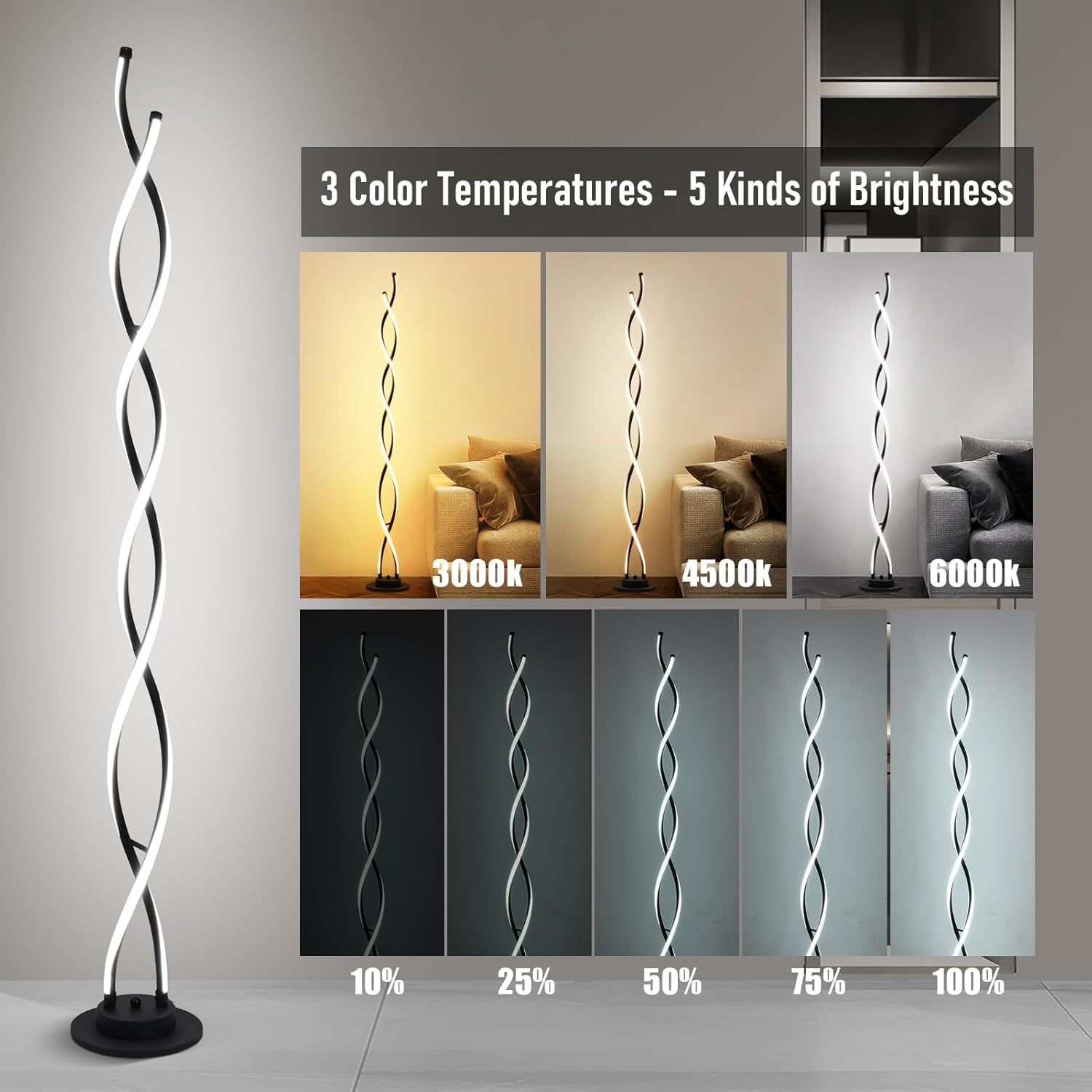 Floor Lamp, LED Modern Floor Lamps for Living Room, 2500LM-40W Lamps for Living Room 3Color Remote Dimmable Standing Lamp, 55" Floor Lamps for Living Room Bedroom Office