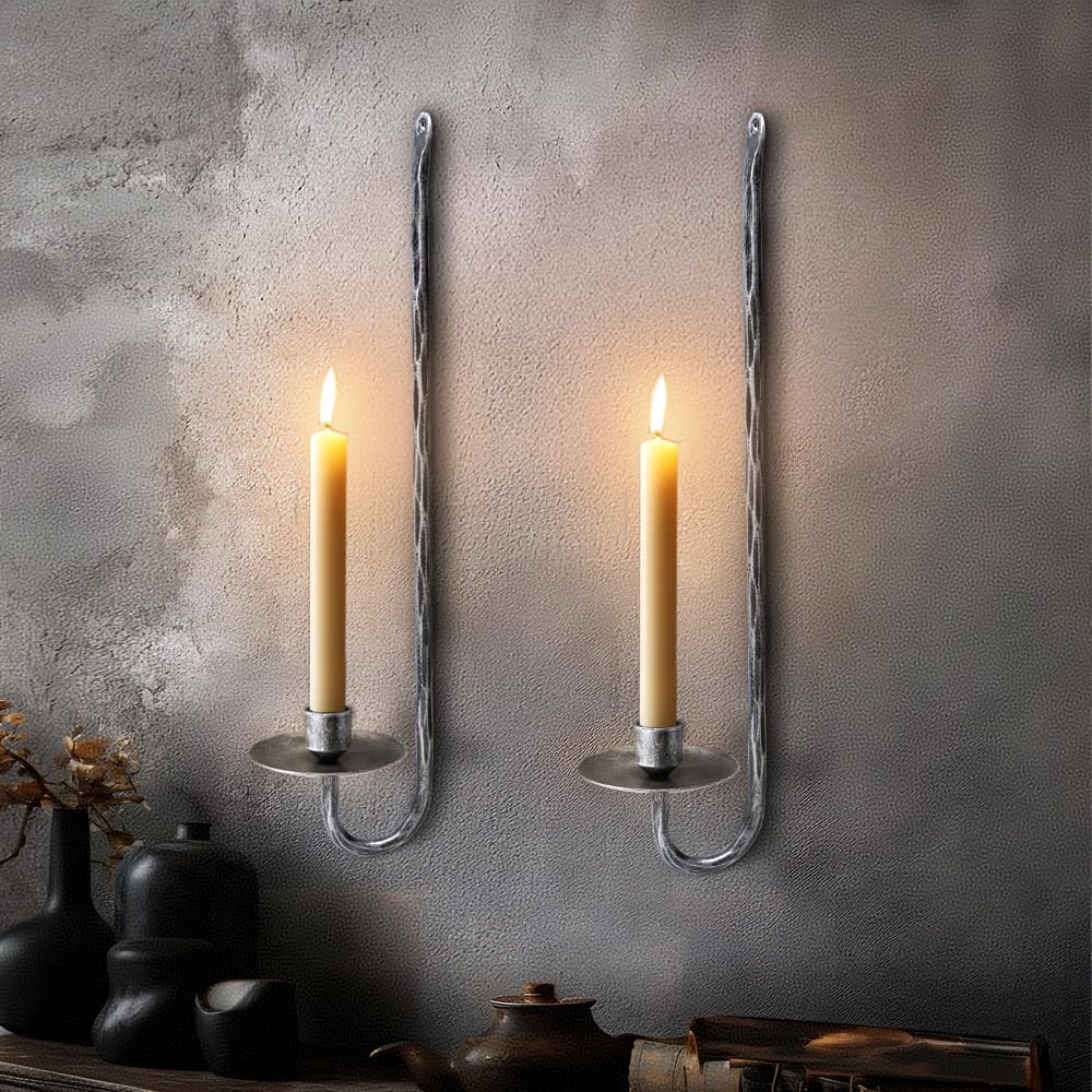 BeginS Hand-Forged Wall Candle Sconces Set of 2, Black Vintage Solid Steel Metal Wall Candle Holders, Rustic Home Decor for Living Room, Bedroom, Dining Room, Candle Accent