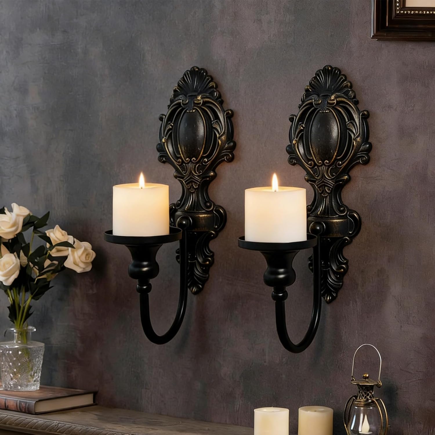 YOLLZEY Candle Holder Wall Sconces Set of 2 - Gothic Vintage Black Wrought Iron, Medieval Victorian Wall Decorations for Candles, Living Room Bathroom Entryway Halloween Rustic Home