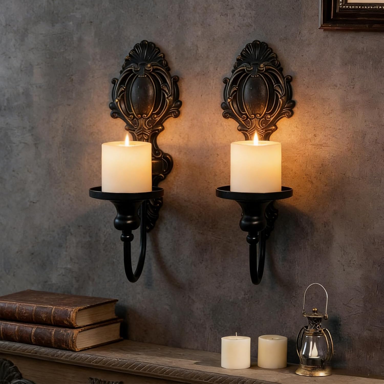 YOLLZEY Candle Holder Wall Sconces Set of 2 - Gothic Vintage Black Wrought Iron, Medieval Victorian Wall Decorations for Candles, Living Room Bathroom Entryway Halloween Rustic Home