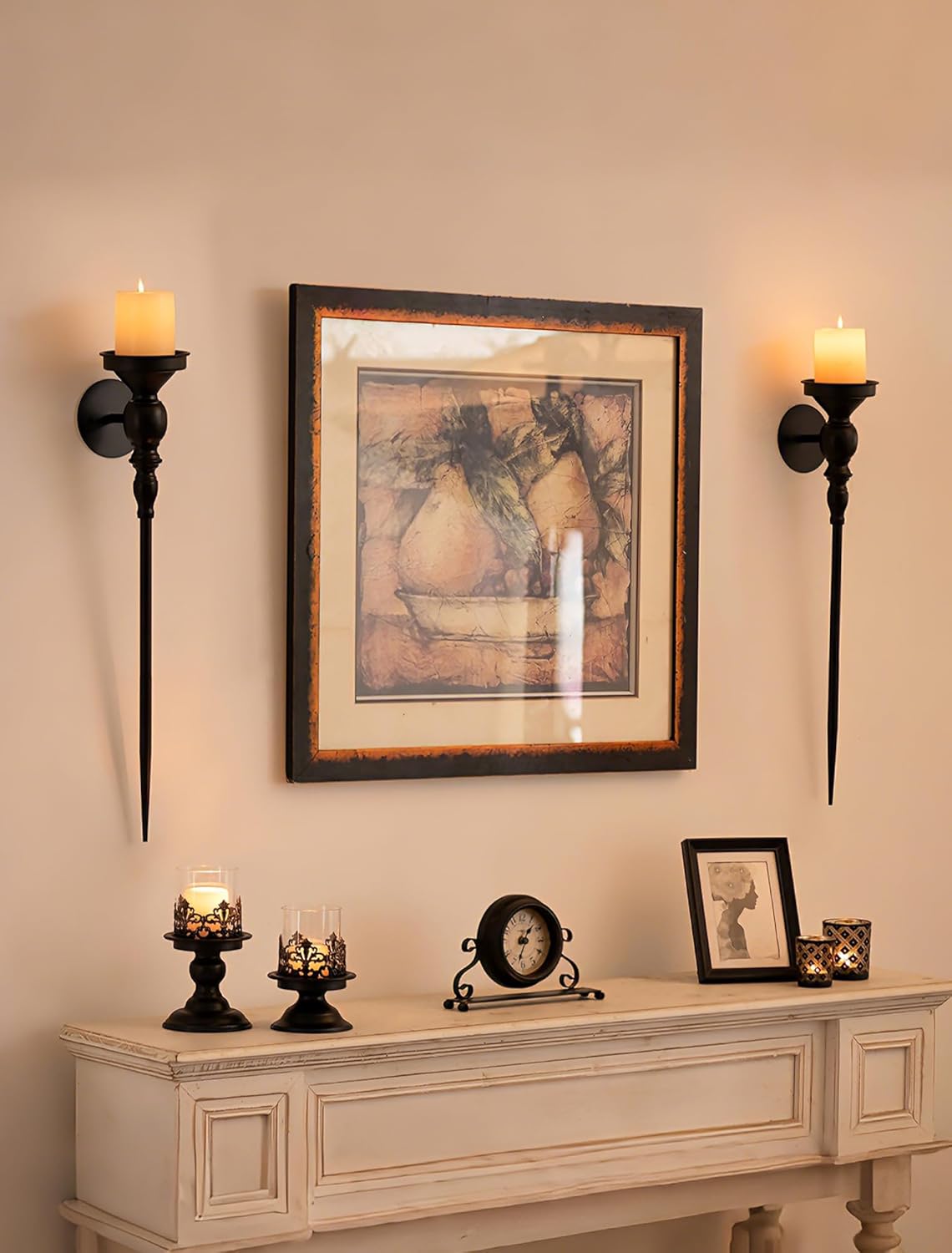 Gothic Wall Candle Holder Decor - 24.4 Inch Long Candle Sconces Set of 2 for Porch Hallway Entryway Beside TV Fireplace - Metal Black Wall Art for Bedroom Living Room