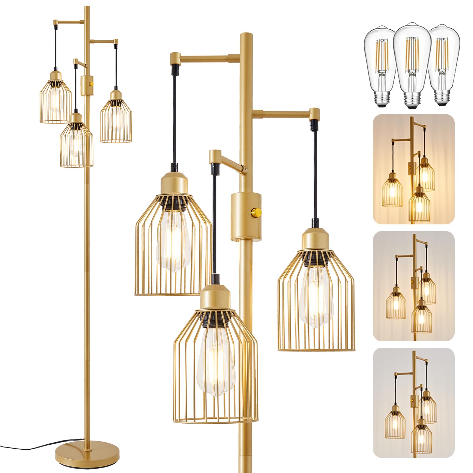 Dimmable Floor Lamp for Living Room, Farmhouse Floor Lamps with Elegant Hanging Cage, 3 x LED Edison Bulbs Included, 68.5" Industrial Standing Light for Bedroom Office Home Decor (Wood)