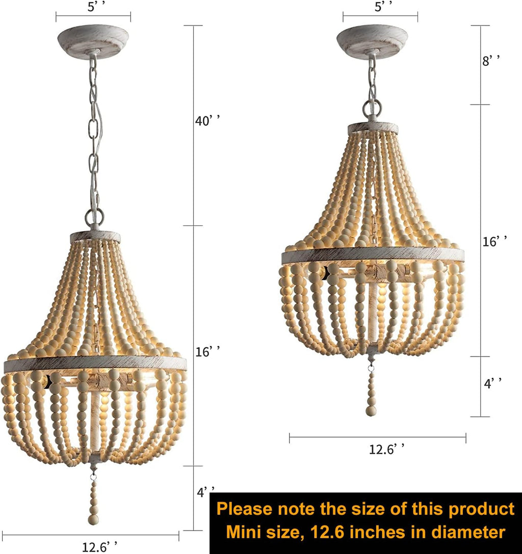 3-Light Mini Bohemian Wood Beaded Chandelier Pendant Boho Light Fixture,Antique Metal Finish Natural Color Wooden Beads, for Bathroom,Living Room,Entryway and Bedroom…