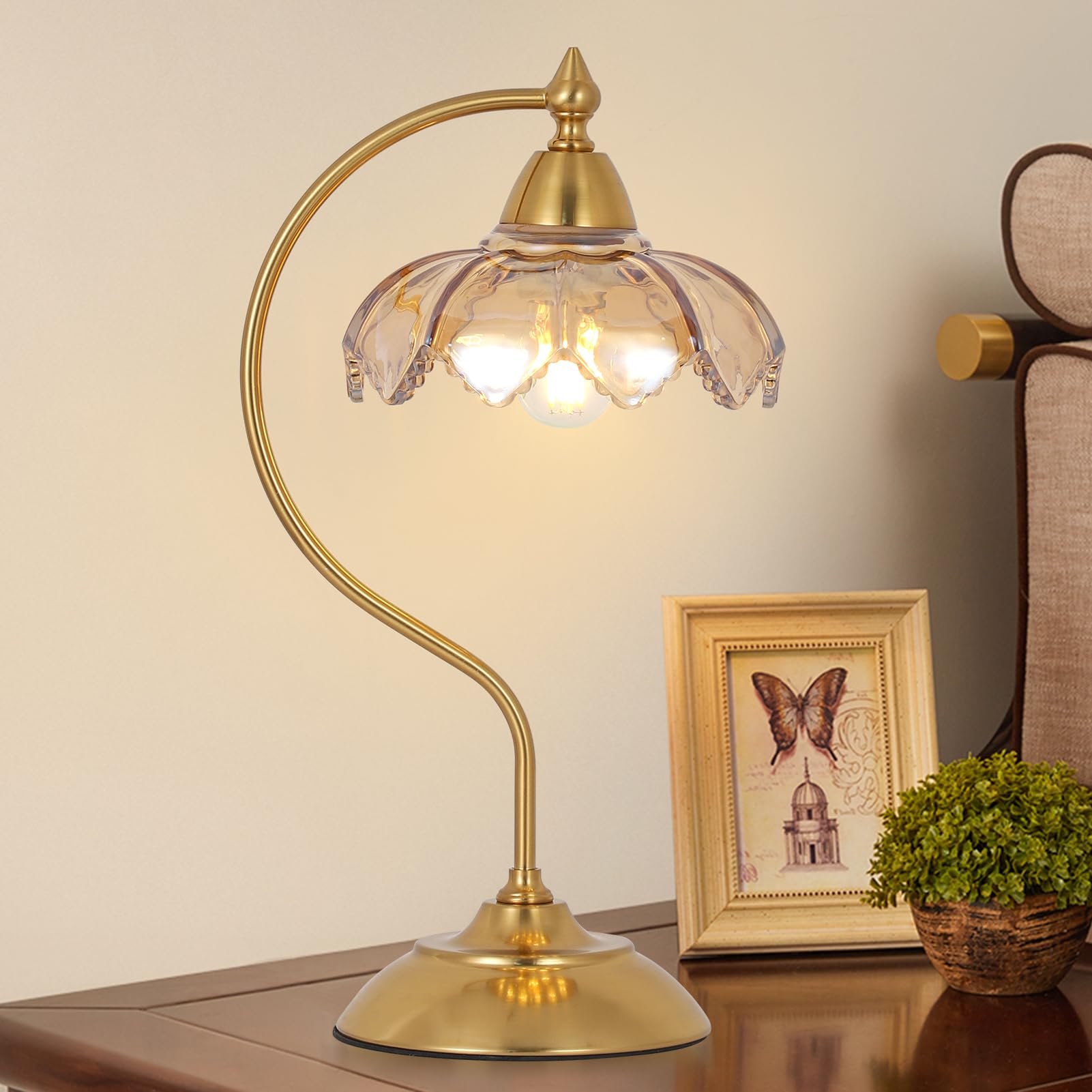 Glass Beside Table Lamp for Bedroom, Plug In Gold Desk Lamp, Vintage Flower Nightstand Lamp, Table Lamps for Living Room, Small Desk Lamps for Home Office, Green Table Light, Flower Lamp Decoration