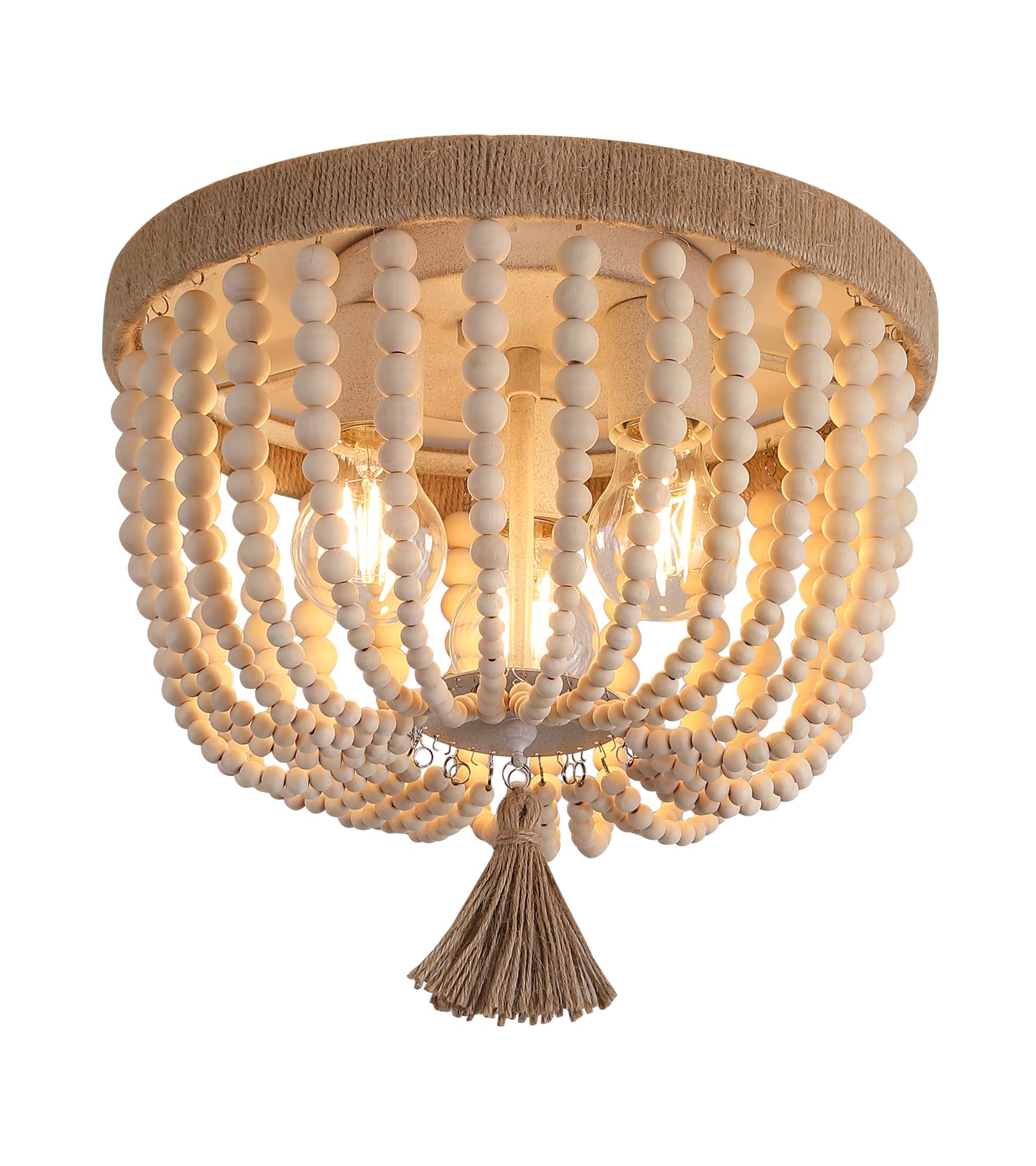 AMZASA Plug in Chandelier Boho Woven Hemp Rope Wooden Beaded Farmhosue Hanging Pendant Light Fixture with 14.8FT Cord On/Off Switch 3 Lights for Nursery Bedroom Living Room Dining Room UL Listed
