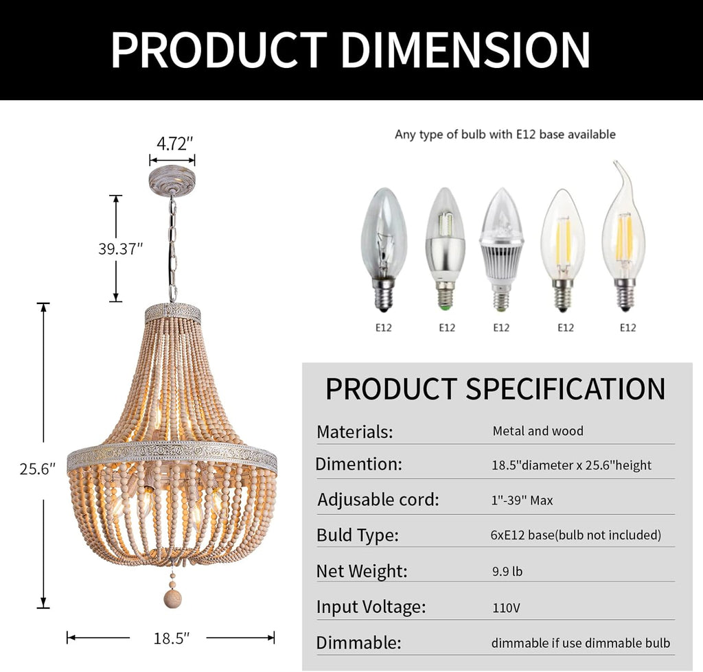 6-Lights Farmhouse Boho Wood Bead Chandelier,Modern Natural Wooden Beaded Pendant Light Fixture,E12 Adjustable Pendant Lighting for Dining Room Living Room Bedroom