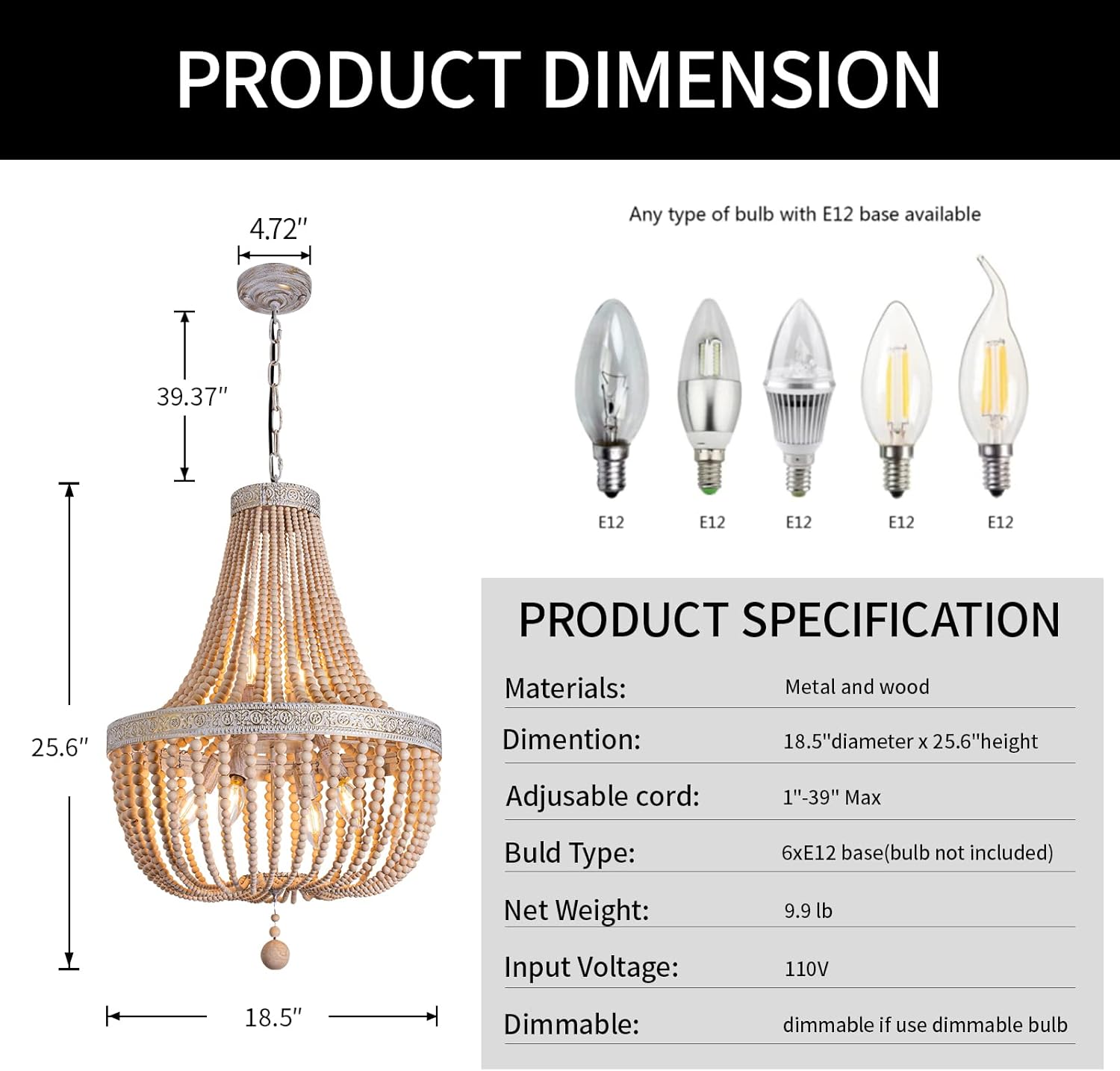 6-Lights Farmhouse Boho Wood Bead Chandelier,Modern Natural Wooden Beaded Pendant Light Fixture,E12 Adjustable Pendant Lighting for Dining Room Living Room Bedroom
