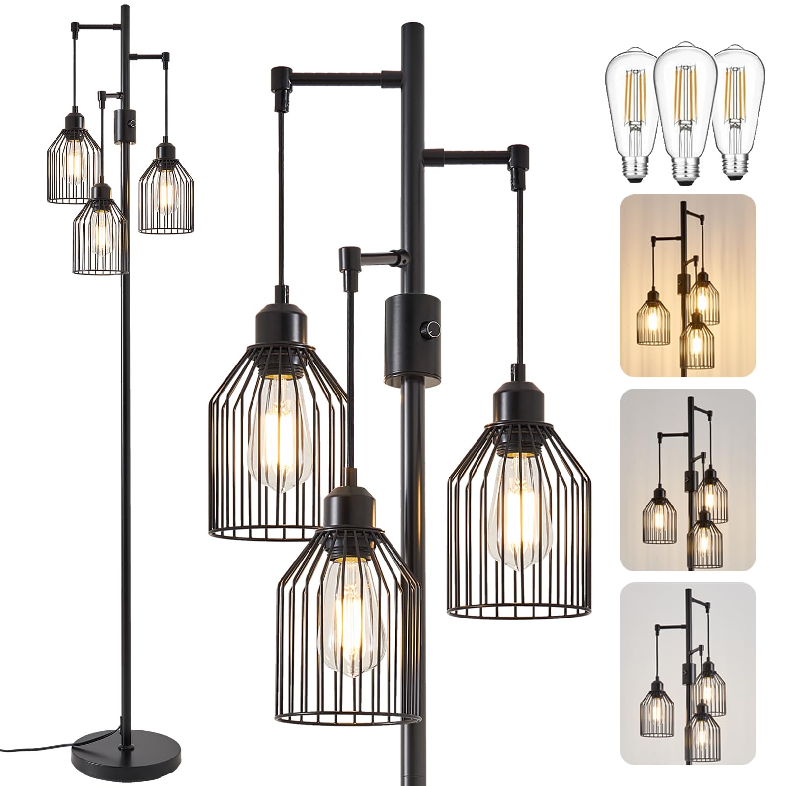 Dimmable Floor Lamp for Living Room, Farmhouse Floor Lamps with Elegant Hanging Cage, 3 x LED Edison Bulbs Included, 68.5" Industrial Standing Light for Bedroom Office Home Decor (Wood)