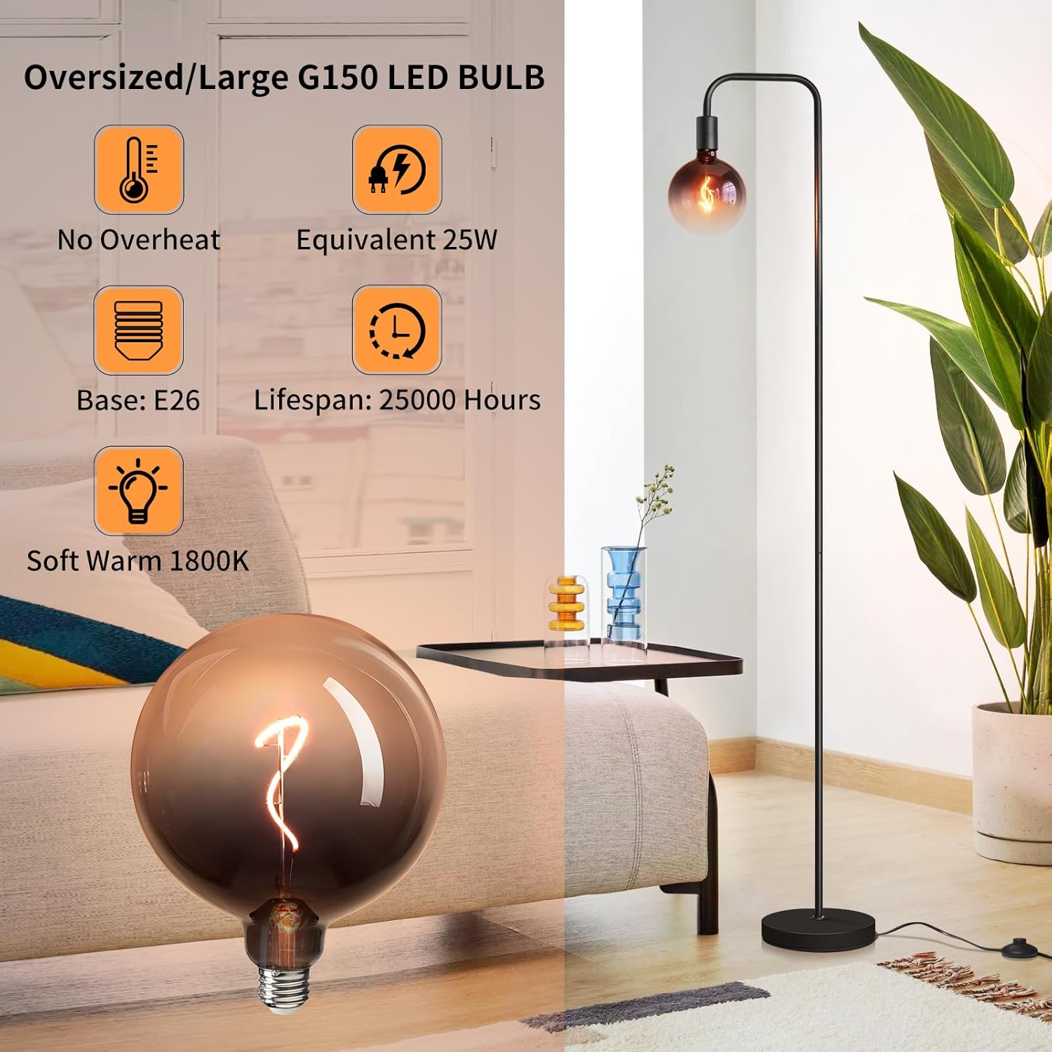 ONEWISH Floor Lamp for Living Room - Minimalist Industrial Standing Lamp with Modern LED Bulb, Globe Black Clear Glass 6", 1800K Warm Ambiant Lighting Decorative Tall Floor Lamp for Bedroom Office