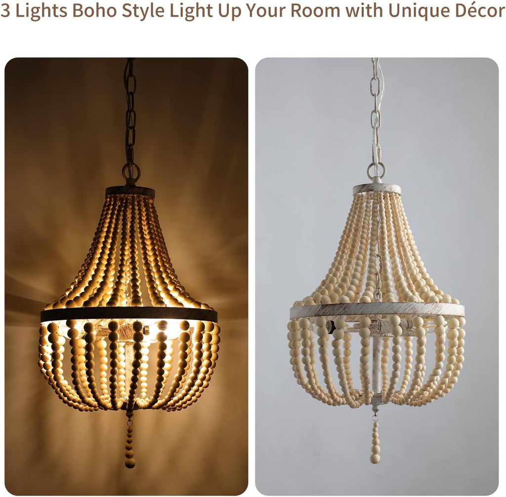 3-Light Mini Bohemian Wood Beaded Chandelier Pendant Boho Light Fixture,Antique Metal Finish Natural Color Wooden Beads, for Bathroom,Living Room,Entryway and Bedroom…