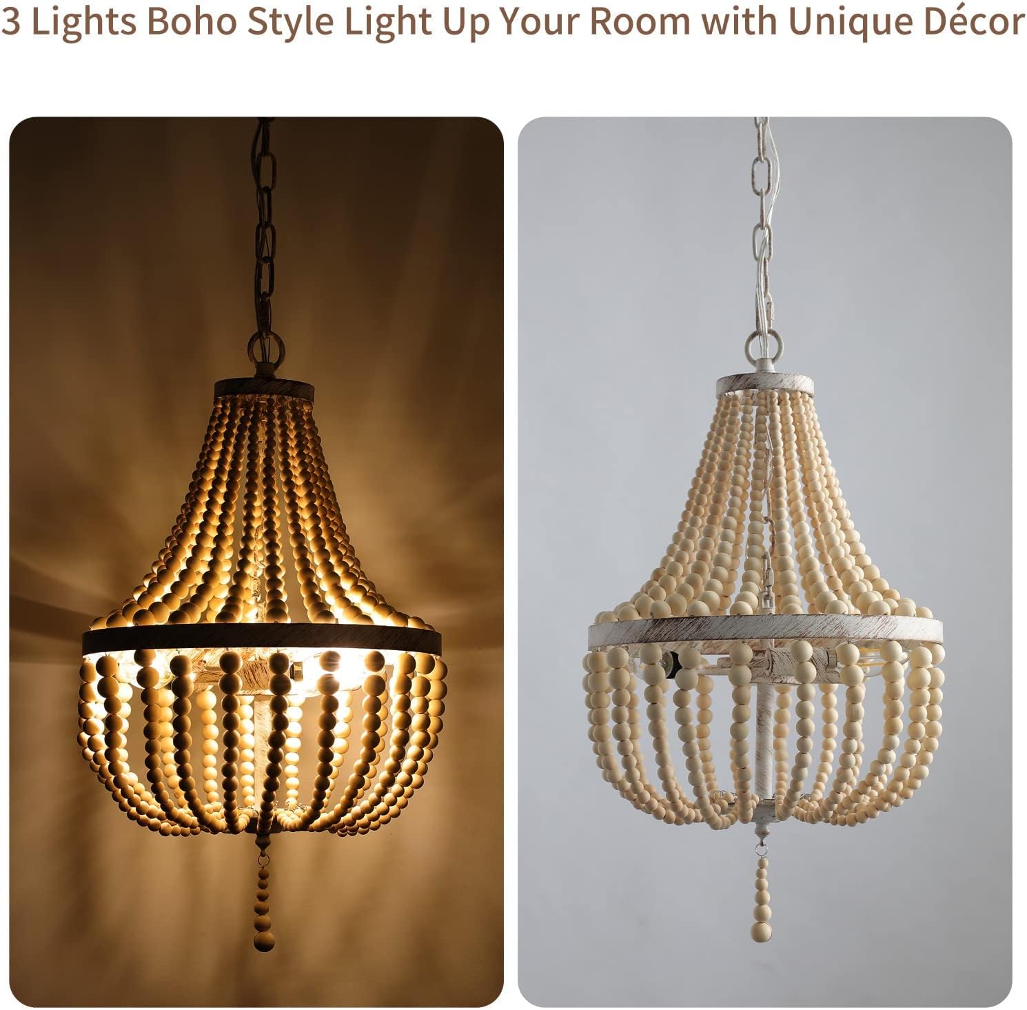 3-Light Mini Bohemian Wood Beaded Chandelier Pendant Boho Light Fixture,Antique Metal Finish Natural Color Wooden Beads, for Bathroom,Living Room,Entryway and Bedroom…