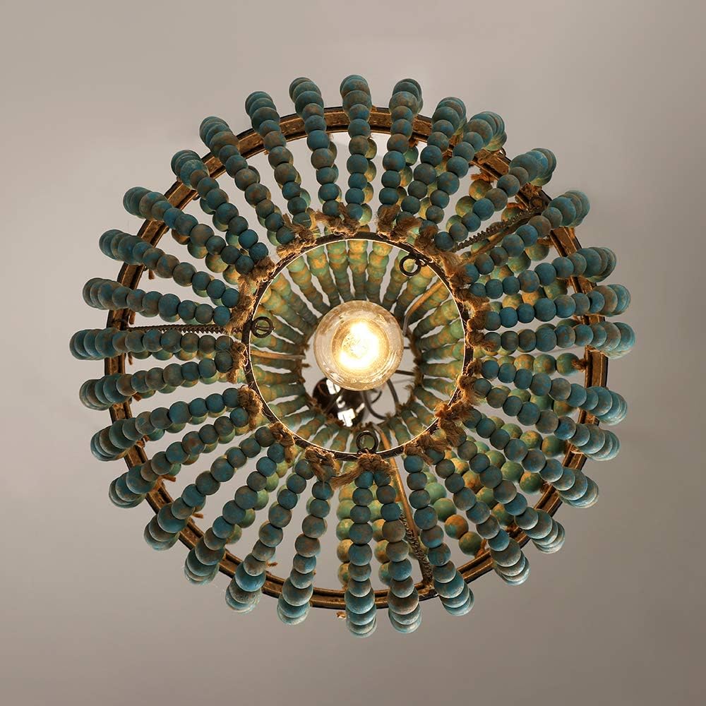 Newrays Wood Bead Chandelier Pendant Bohemian Boho Beachy Ceiling Lamp Light Fixtures (Gray Blue-Small Plug in, 13.58 in*15.74 in)