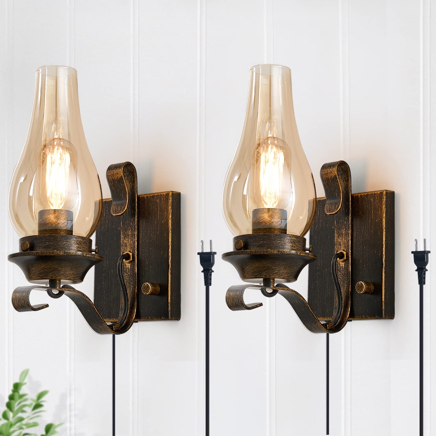 Wall Sconces Sets of 2, Oil Rubbed Bronze Hardwired Wall Sconce Indoor, Retro Rustic Wall Lamps with Amber Glass,Vintage Bedside Sconces Wall Lighting for Living Room Bathroom
