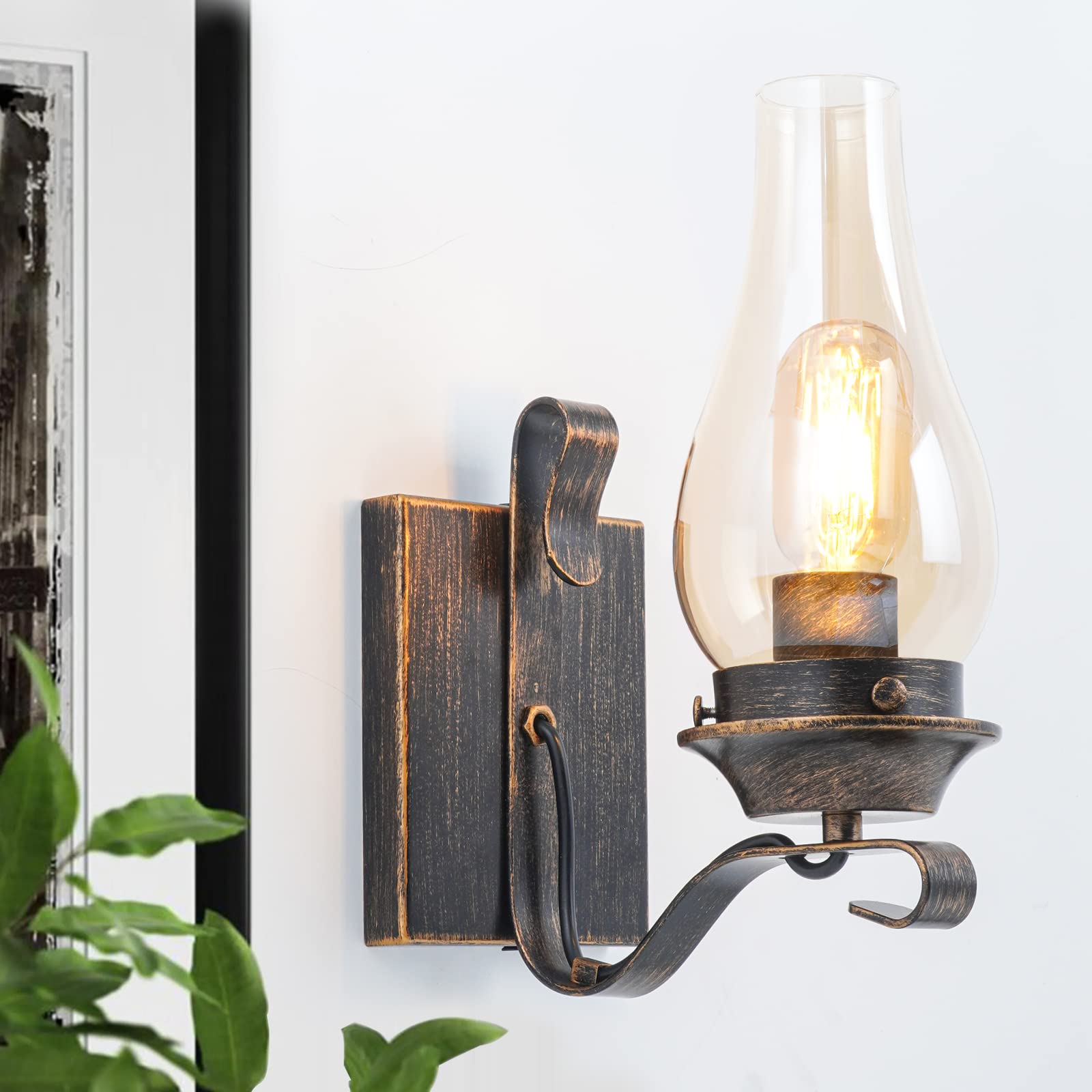 Wall Sconces Sets of 2, Oil Rubbed Bronze Hardwired Wall Sconce Indoor, Retro Rustic Wall Lamps with Amber Glass,Vintage Bedside Sconces Wall Lighting for Living Room Bathroom