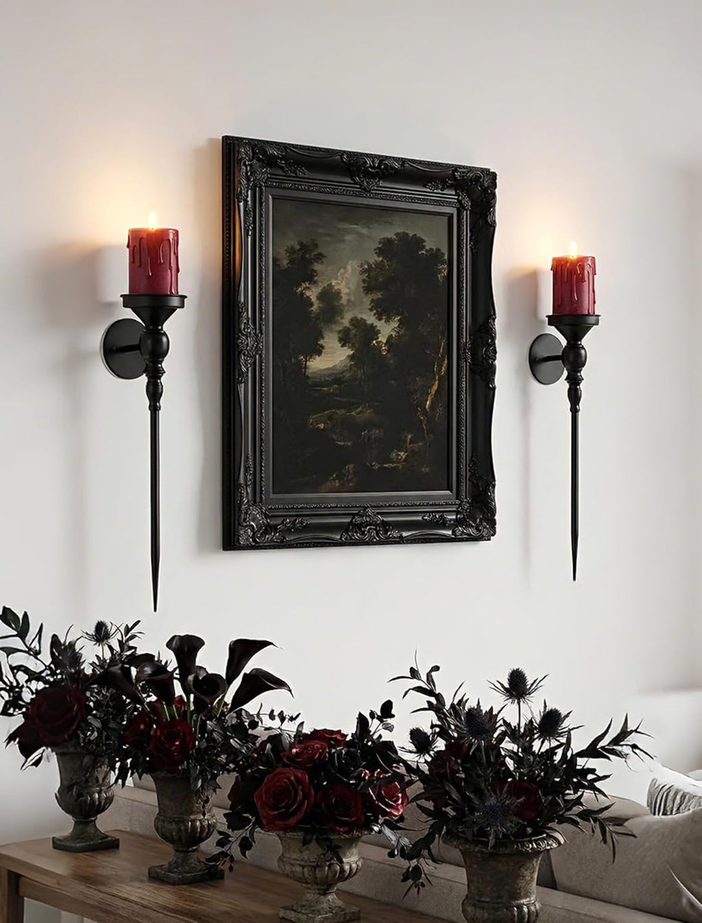 Gothic Wall Candle Holder Decor - 24.4 Inch Long Candle Sconces Set of 2 for Porch Hallway Entryway Beside TV Fireplace - Metal Black Wall Art for Bedroom Living Room