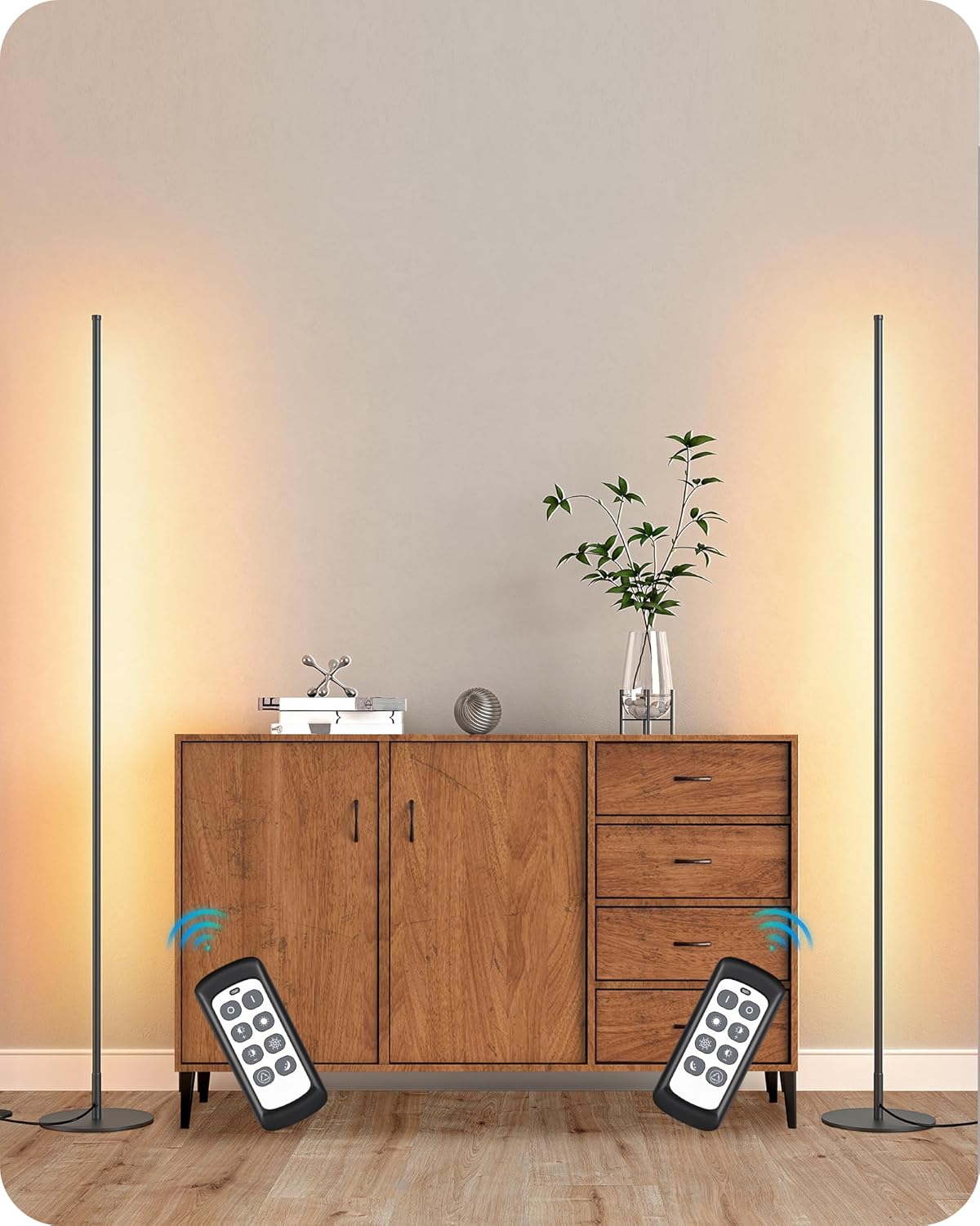 EDISHINE LED Corner Lamp, Set of 2 Minimalist Dimmable Tall Light with Remote, 57.5" Floor Lamps for Living Room, Bedroom, Home Office, 7 Color Temperature 2700-6000K (Black)
