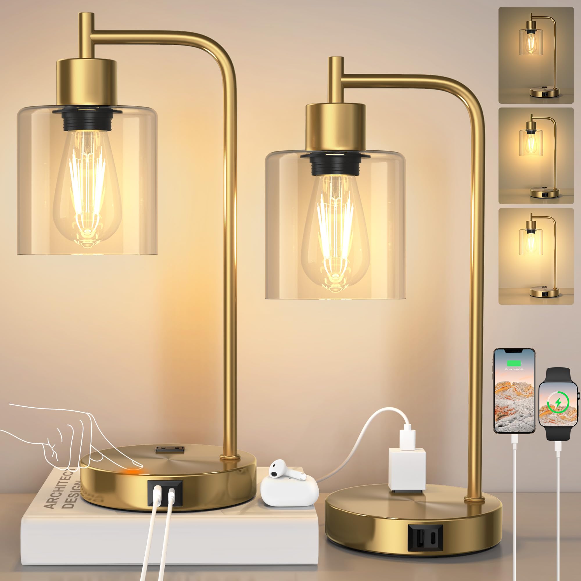 QiMH Industrial Table Lamp for Bedroom Set of 2, Green Glass Beside Lamp with USB A&C Ports, Stepless Dimmable Gold Lamps, Nightstand Lamps for Living Room, Office, Home Decor(Bulb Included)